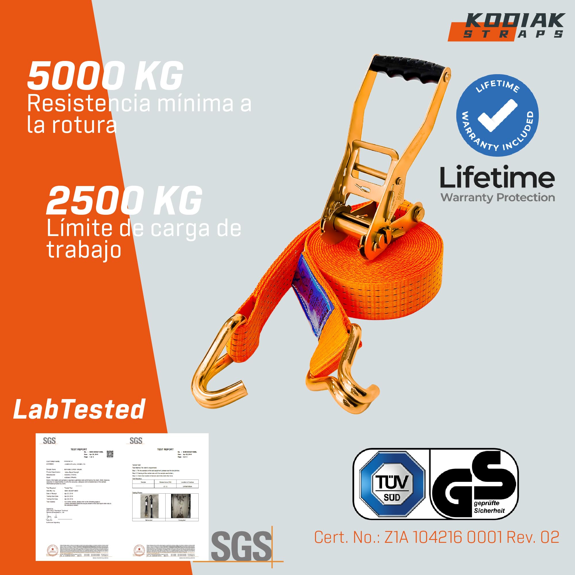 8 Correas Tensoras 8m x 5000kg con Trinquete y Ganchos - Correas de 50mm - Correa de Trinquete Naranja para Sujeción de Carga - Certificado TÜV/GS según DIN EN 12195-2 - KODIAK STRAPS