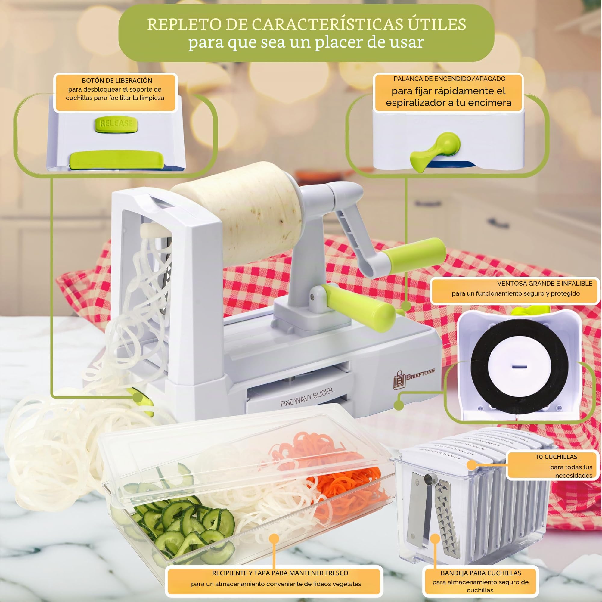 Brieftons - Espiralizador de 10 hojas: más fuerte y más pesado cortador de verduras en espiral, mejor espaguetis de pasta vegetal para baja en carbono, paleo, sin gluten, con bandeja para cuchillas