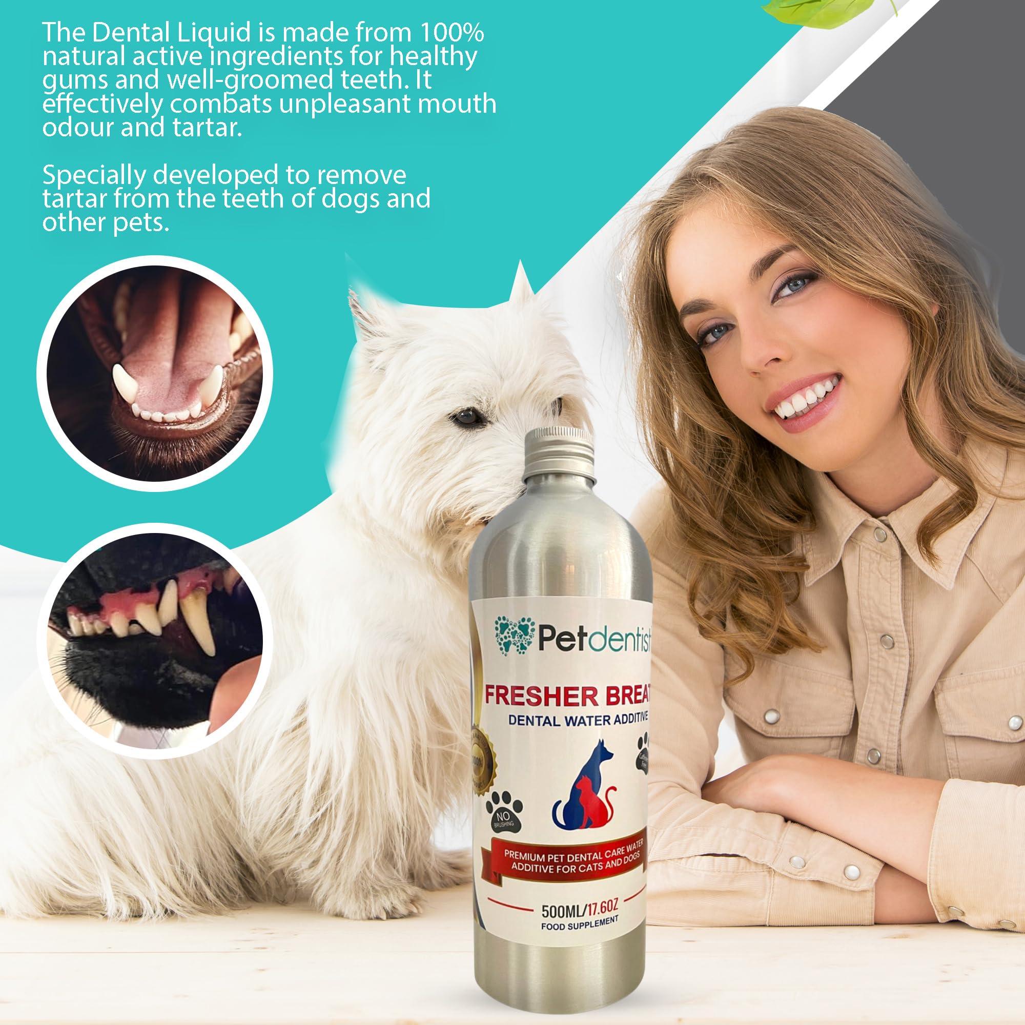 Cuidado Dental para Perros Aliento Fresco Aditivo de Agua Removedor de tártaro para Perros Limpieza del ambientador Oral Producto para encías Gingivitis y Mala respiración de Gato - 500ml