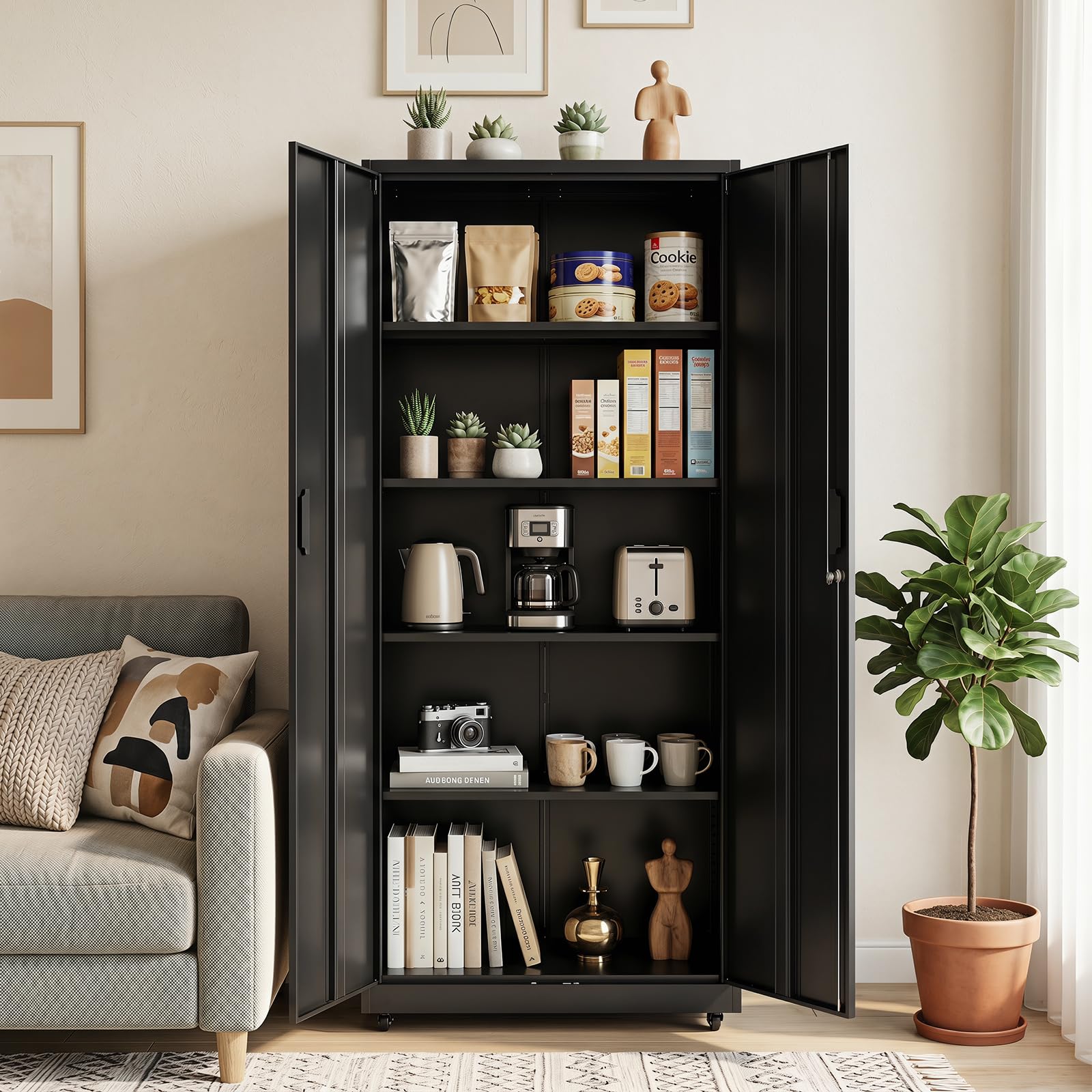 COSTWAY 5 Ebenen Aktenschrank abschließbar mit Doppeltür & Rollen (Schwarz)