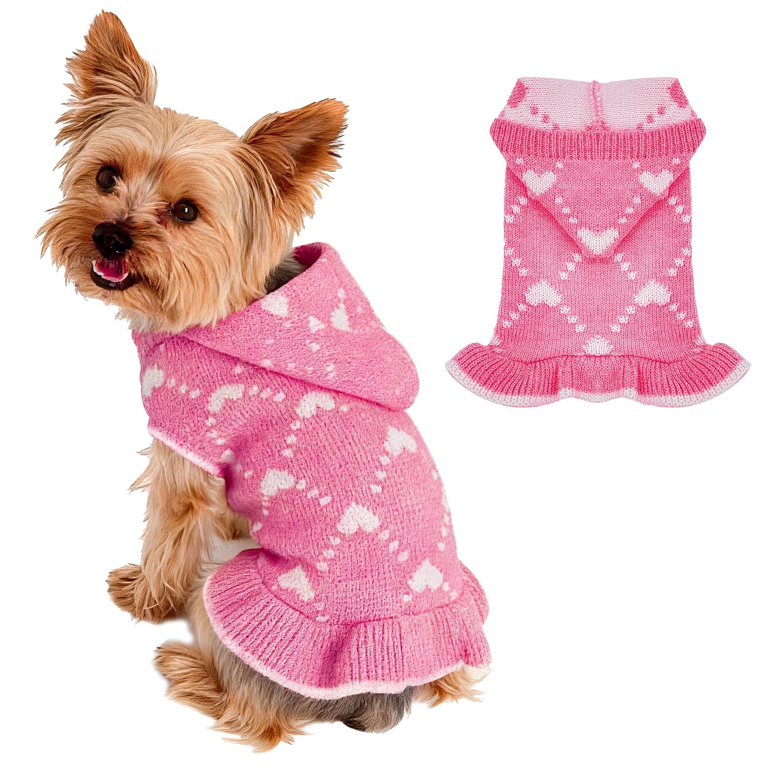 Dog Jumper Heart Dog Valentine Jumper Dress Girl Small Dogs Clothe Knitted Holiday Puppy Clothes Soft Puppy Jumpers Comfy Pet Valentine Outfit Warm Doggie Jumpers for Small Medium Dogs (Pink,L)