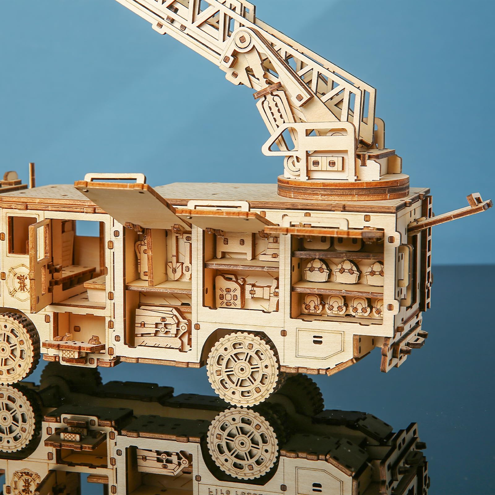 Puzzle 3D en bois pour adultes - Kit de modèle mécanique de camion de pompiers, camion échelle avec perche extensible, kit de loisirs créatifs pour décoration d'intérieur, cadeau pour homme