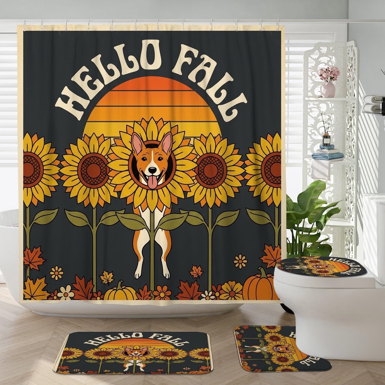 Tapis de salle de bain Basenji lot de 4 avec rideau de douche tournesol rétro