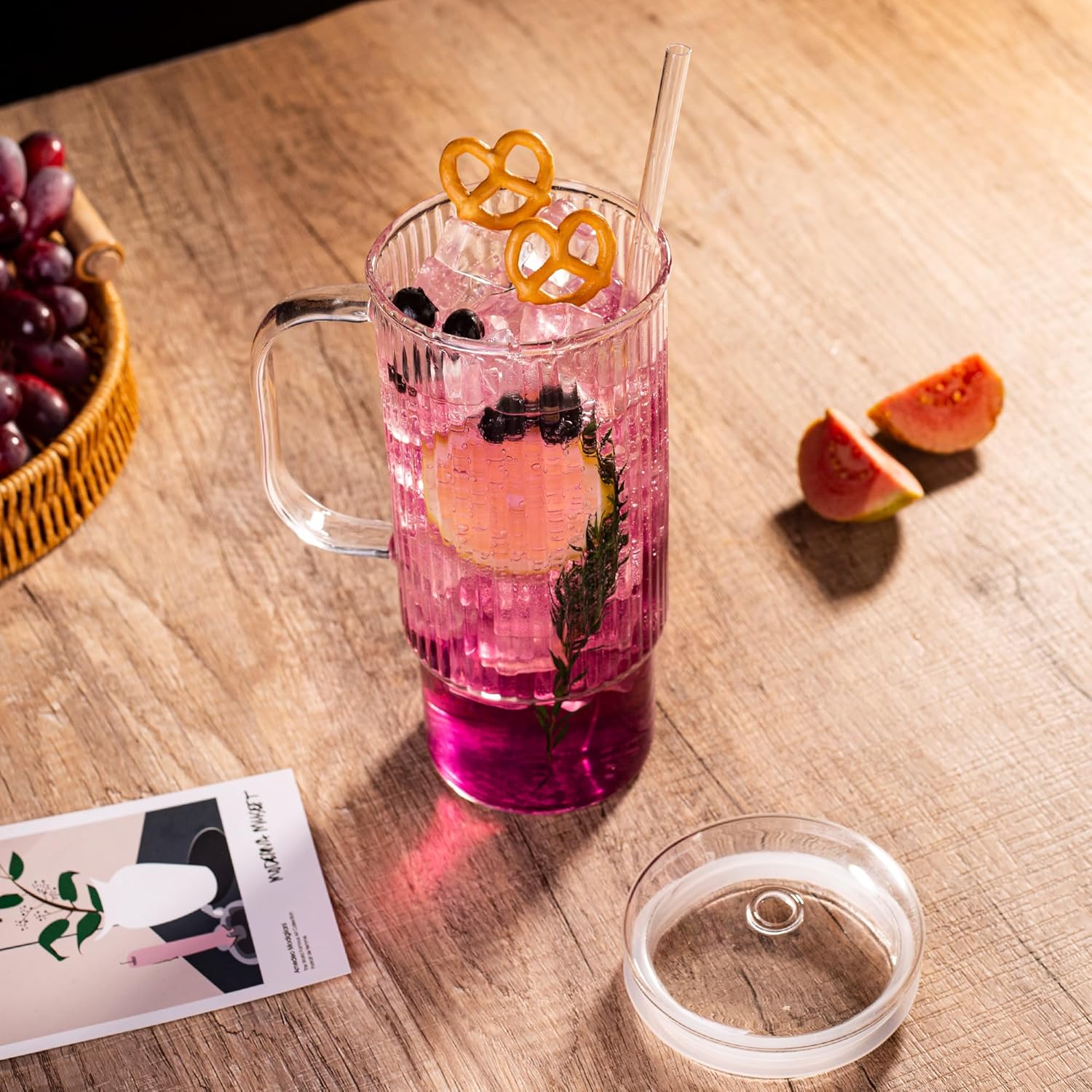 32oz Ribbed Glass Cup with Handle glass Lid and Plastic Straw, Glass Tumbler, Iced Coffee Cups Hot/Cold Drinks - Image 5