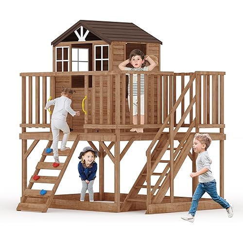 Kids Outdoor Playhouse with Climbing Wall, 2 Story Wooden Playhouse with Sandbox, Elevated Cedar Wooden Kids Playhouse with Step Ladder