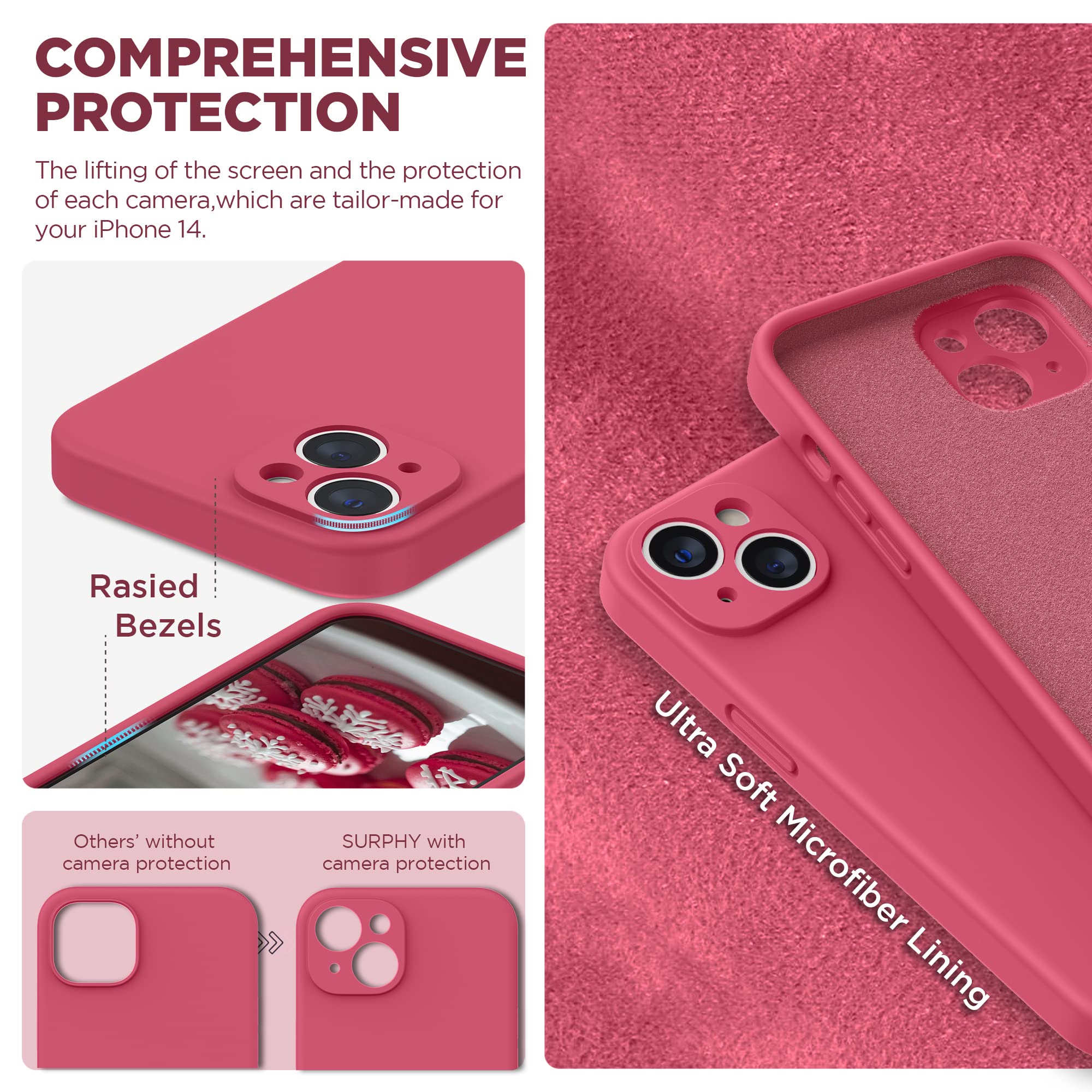 SURPHY Cover per iPhone 14 con 2 Pellicola Vetro Temperato (6,1"), Custodia per iphone 14 Silicone con Protezione Fotocamera, case protezione Completa, Ibisco