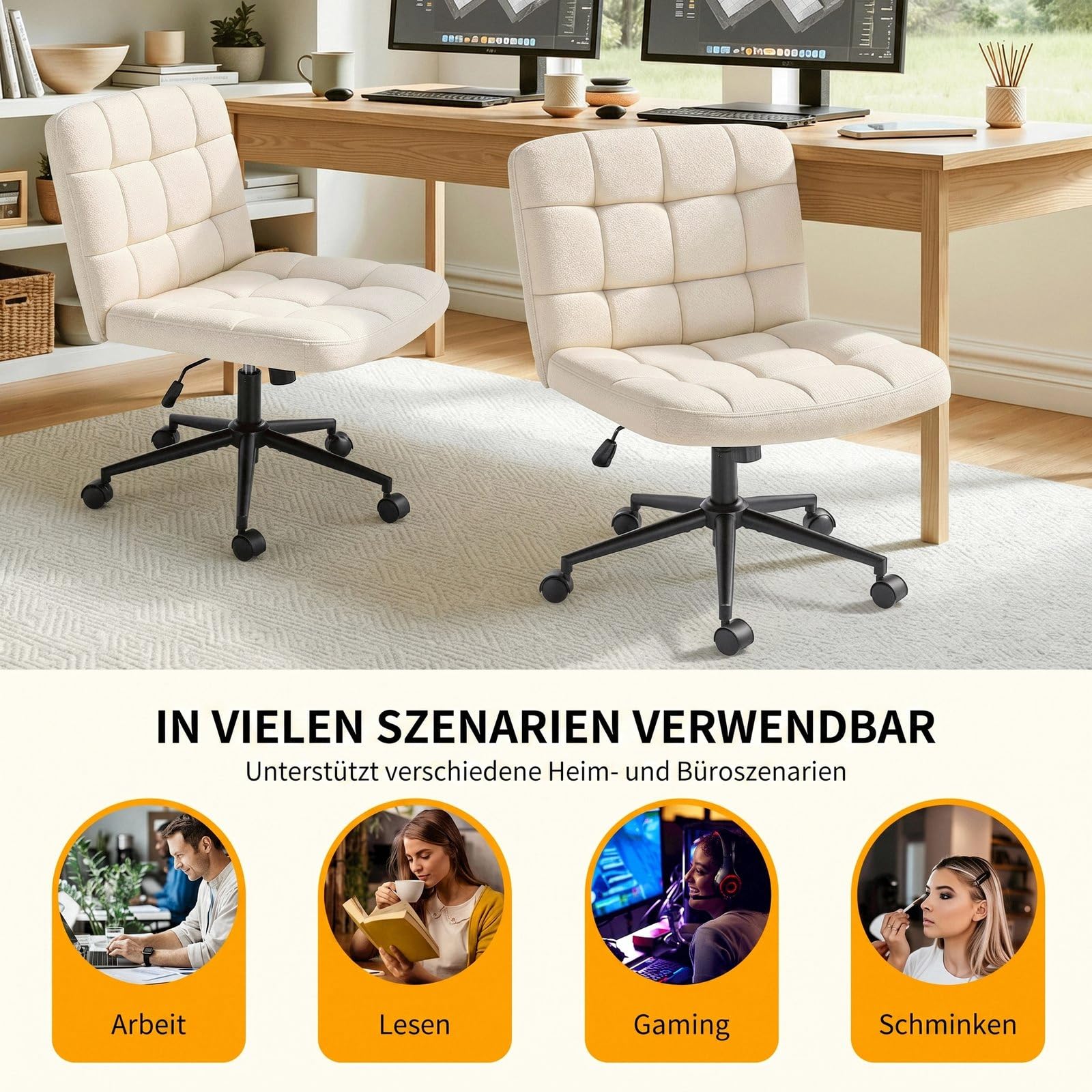 Clevich Bürostuhl Ohne Armlehne, breiter Schneidersitz Schreibtischstuhl, ergonomischer höhenverstellbar, moderner Drehstuhl mit Wippfunktion für Home Office und Schlafzimme (Leinen, Beige)
