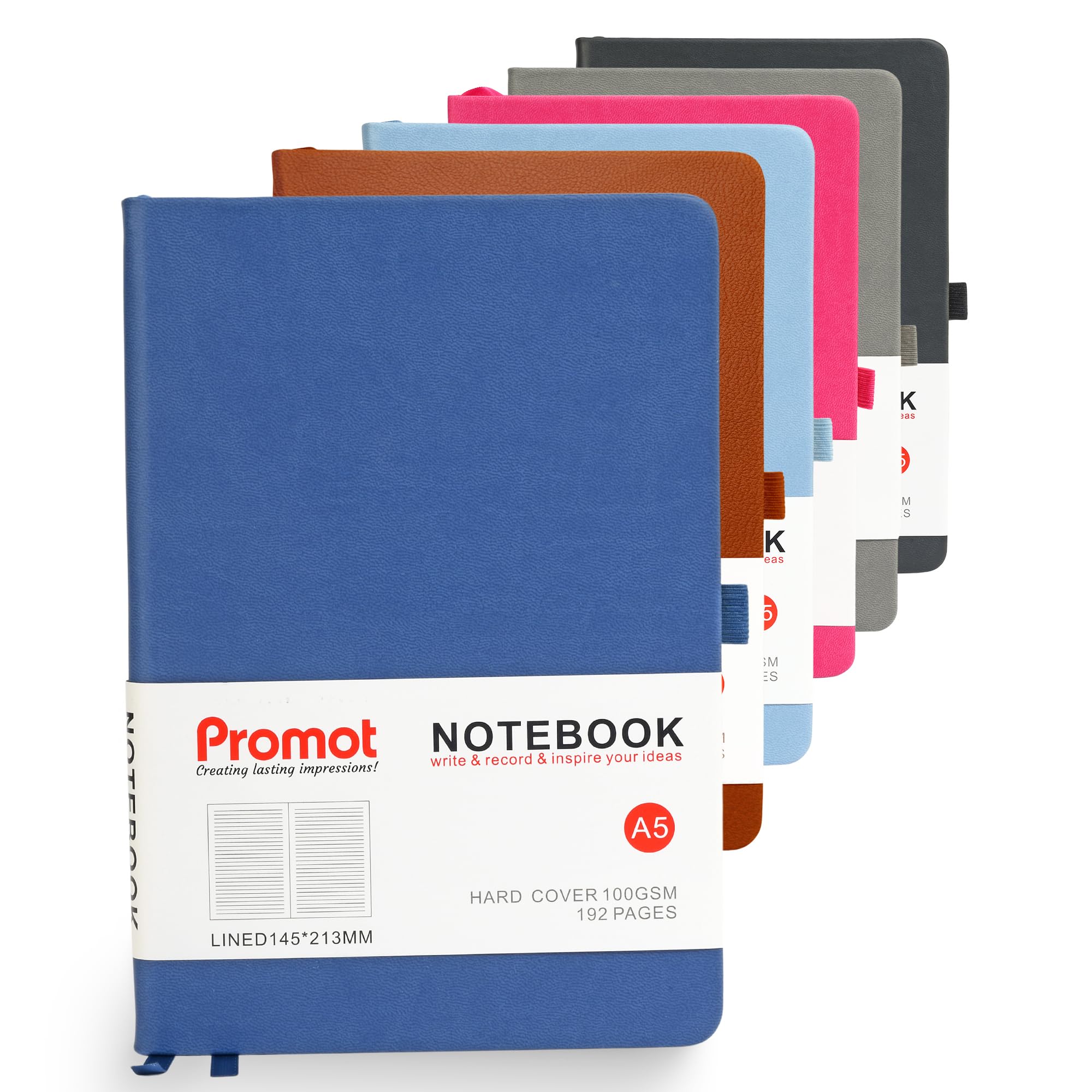 Promot Ruled Journal Notebook - A5 Blue 192 Lined Pages 8.2 x 5.5 Inch - Hardcover Leather Notebook for Writing - 100 GSM Thick Paper, PU Leather, Pen