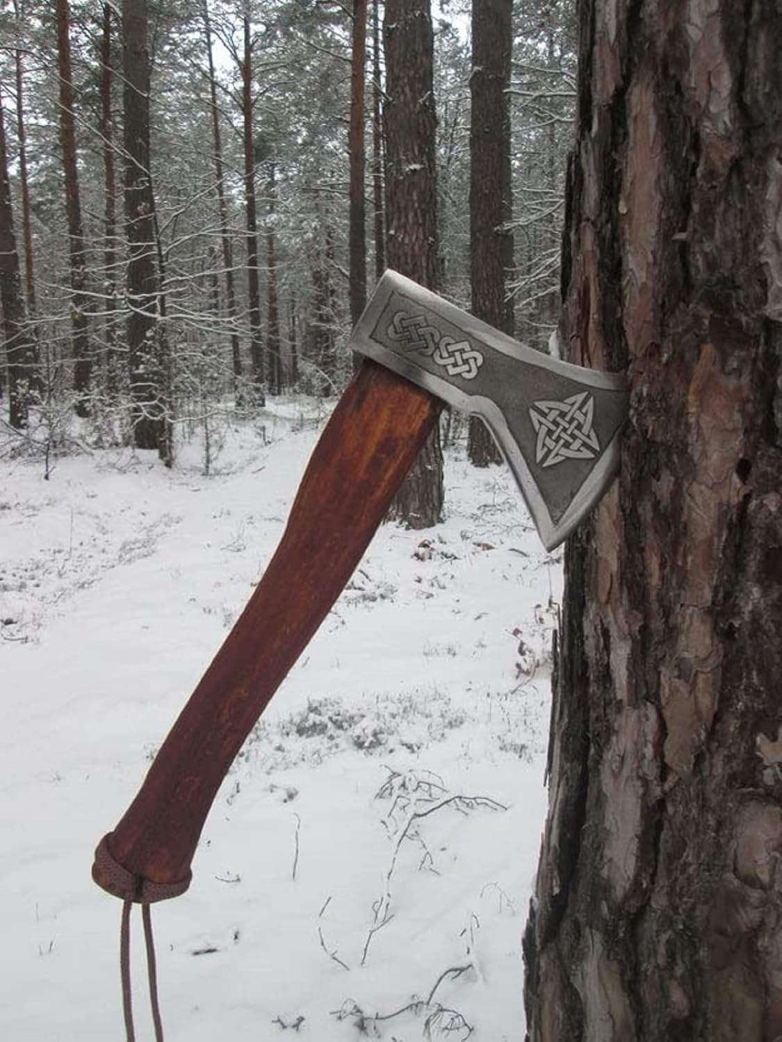 AXE028AM FS Crafts 19.00" Custom Handmade Carbon Steel Scandinavian Runic Axe Viking Axe Hand Forged Outdoor Hunting Camping Axe Hatchet Bearded Axe Wood Handle with Leather Sheath