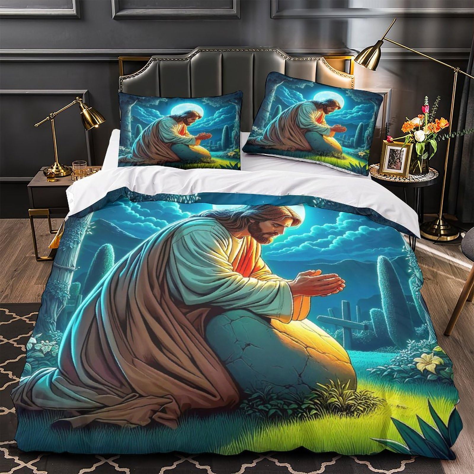 Housse de couette Jésus 3D 200x200 cm en microfibre avec ses taies d'oreillers