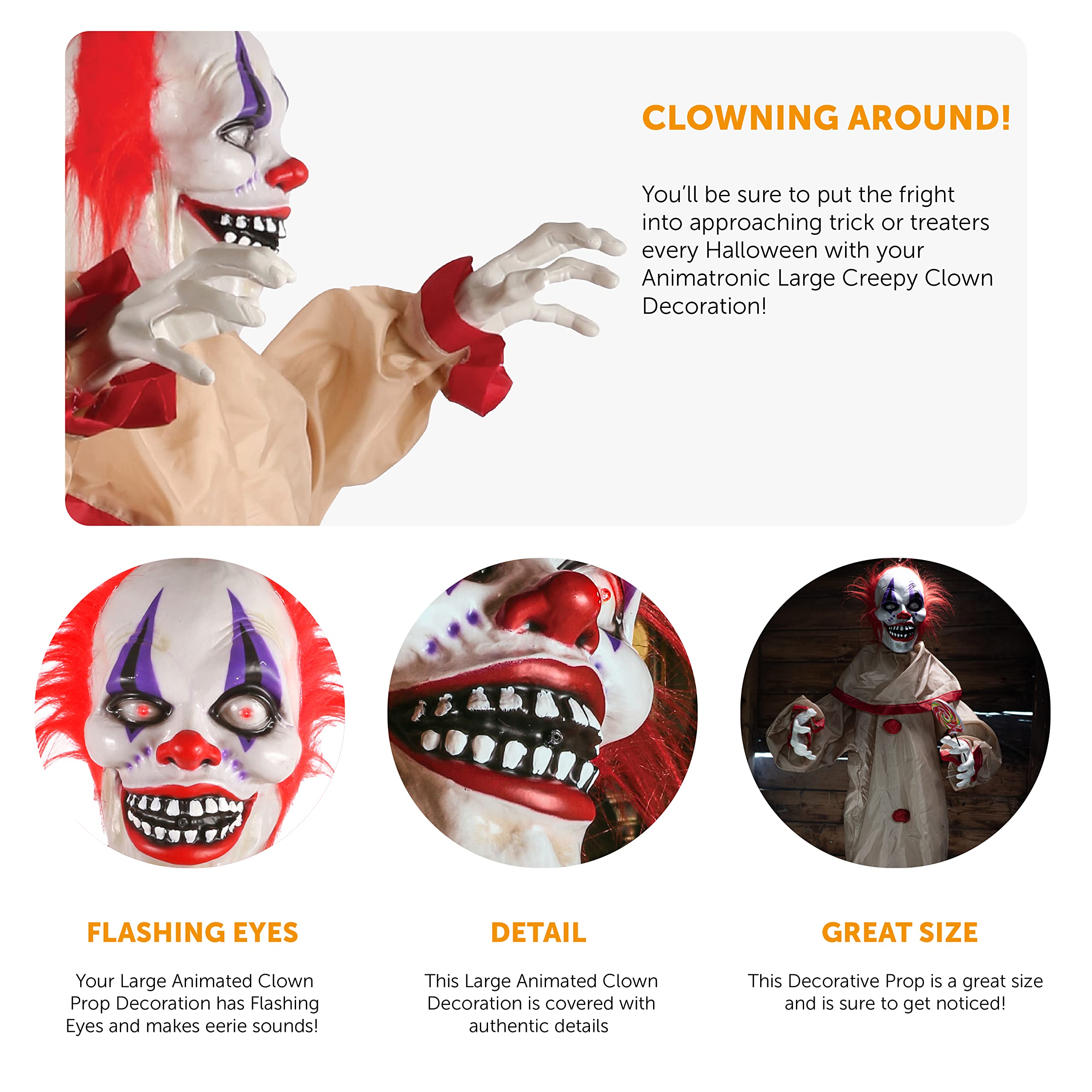 I LOVE FANCY DRESS LTD Animatronic duży przerażający klaun 160 cm dekoracja na Halloween - czerwone świecące oczy i efekty dźwiękowe, ruchome ramiona - rekwizyty na Halloween - 2 sztuki