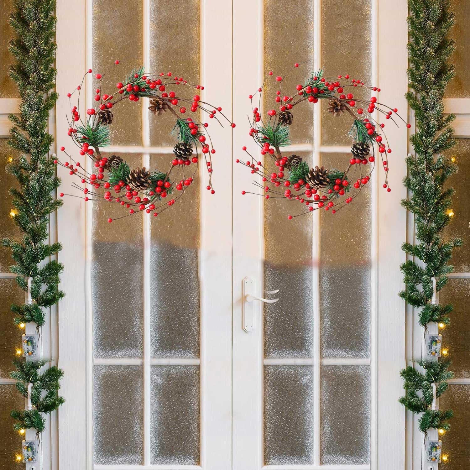 Künstlicher Weihnachtskranz, 30,5 cm, 2 Stück, handgefertigt, Rattan, kleine Weihnachtstür, zum Aufhängen mit roten Beeren, Tannenzapfen für drinnen und draußen, DIY-Weihnachtsdekoration, Wand,