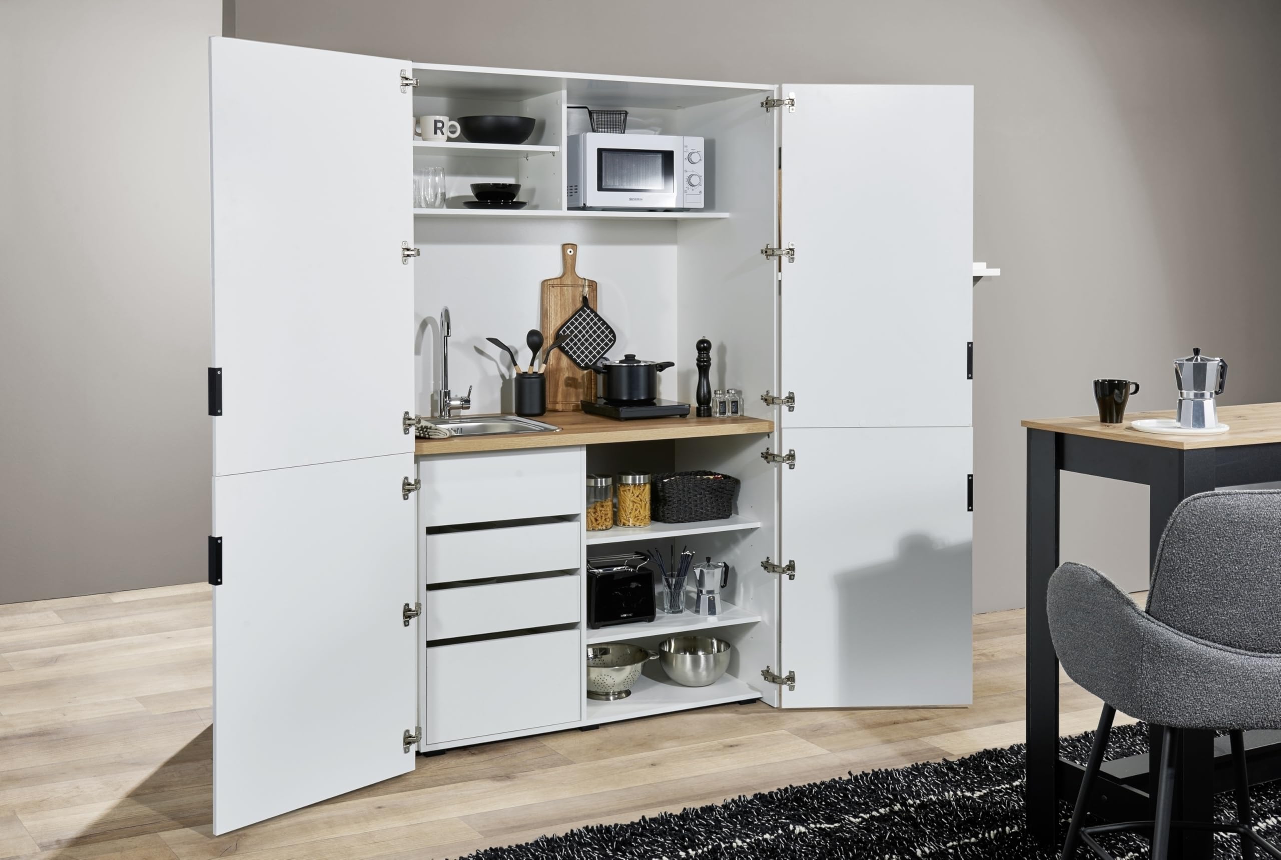 Miniküche >Heidelberg< Weiß, kompakt & funktional: Studentenküche 124x200x70 cm mit Kühlschrank-Nische, Schubladen, Türen, FSC-zertifiziert, Kabeldurchführung, 28 mm Arbeitsplatte – zerlegt geliefert