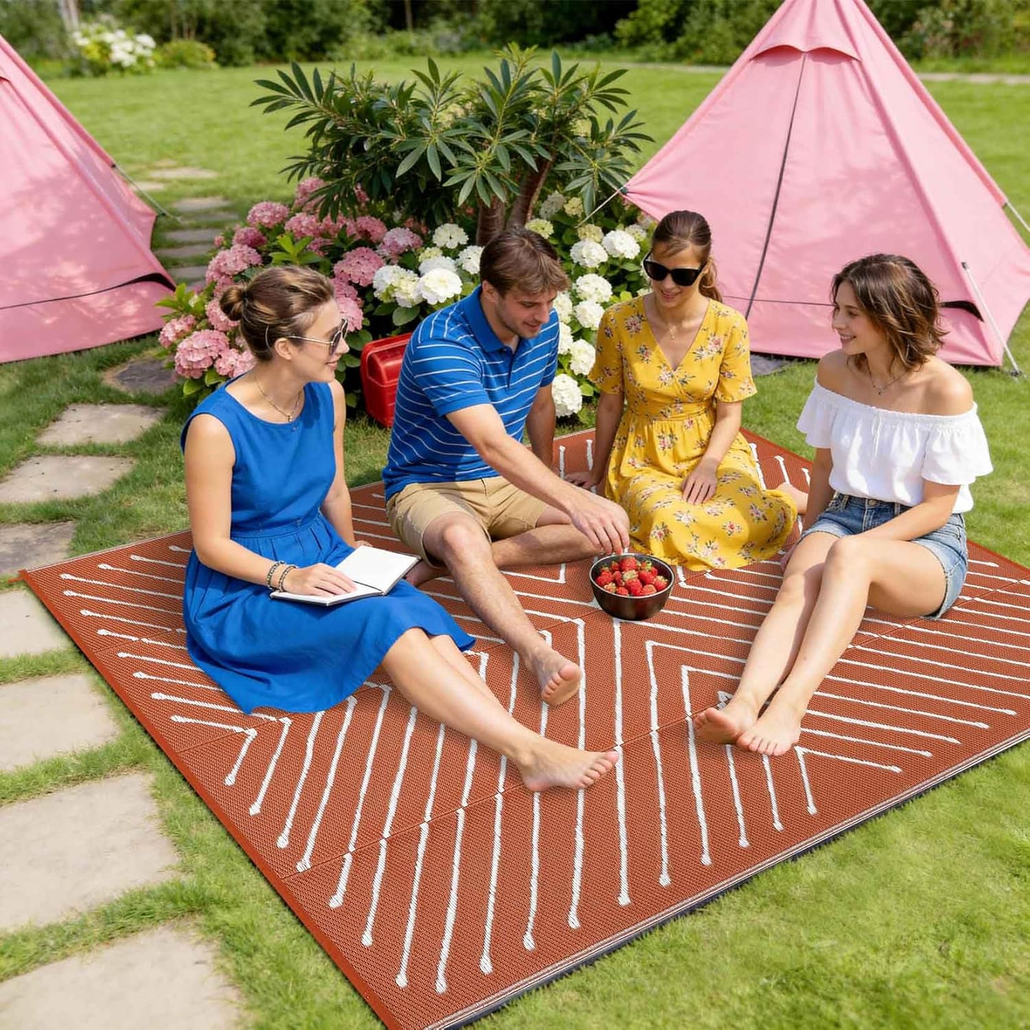 Garvee 5x8 Striped Outdoor Waterproof Rug - Reversible Modern Striped Plastic Straw Patio Mat, Portable RV Camping Rug for Picnic, Beach, Balcony, Deck - UV Protected & Easy to Clean, Orange&White.