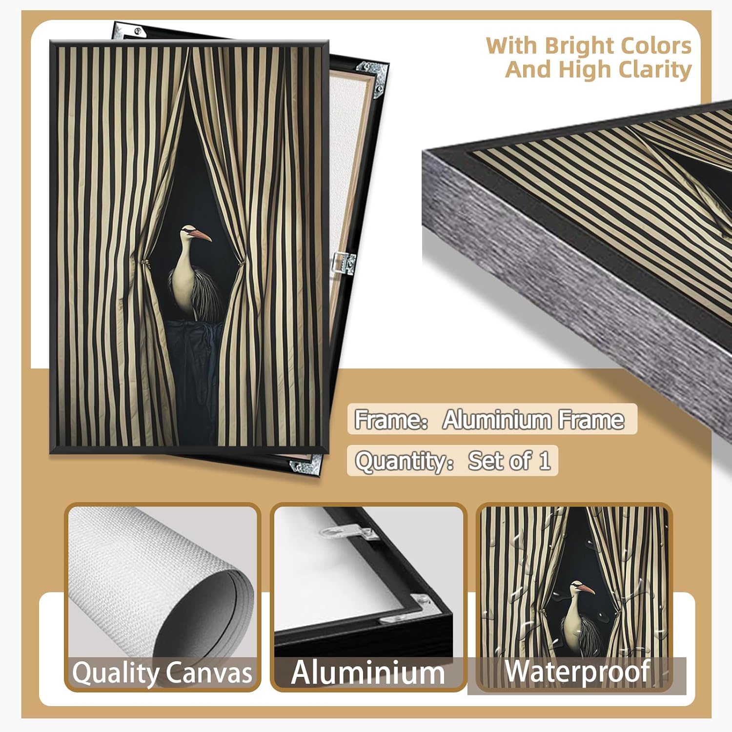 Modern Bird Wall Art Surreal Black and White Striped Posters Elegant Animal Room Decor Abstract Canvas Prints Whimsical Statement Pictures for Bedroom Bathroom Dorm Aesthetic 12x16in Metal Black Frame