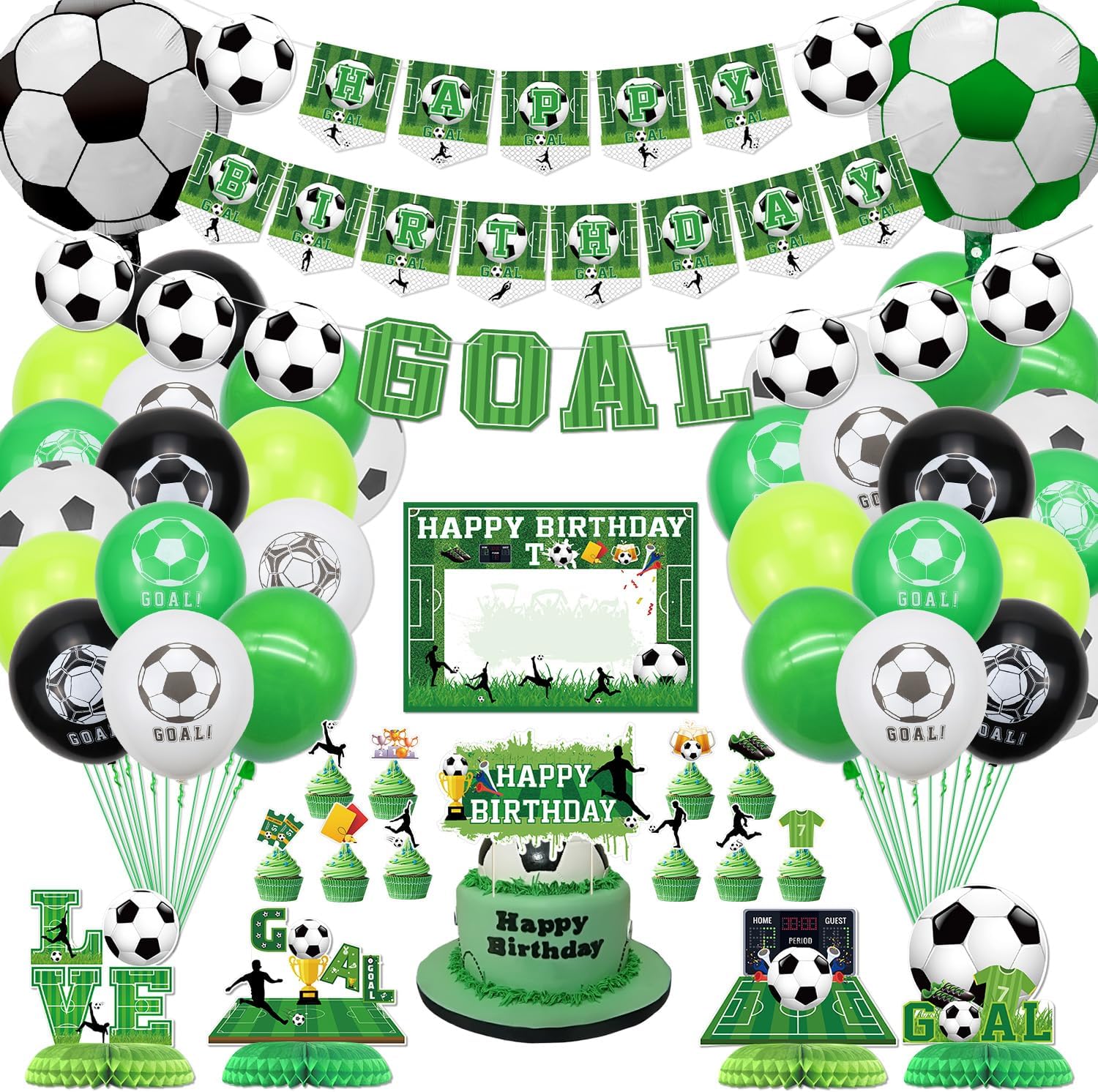 Soccer Birthday Party Supplies - Including HAPPY BIRTHDAY Banner, Soccer Element Bunting, Centerpieces, DIY Name Hanging Sign, Cake Toppers, Balloons, for Soccer Party Decorations