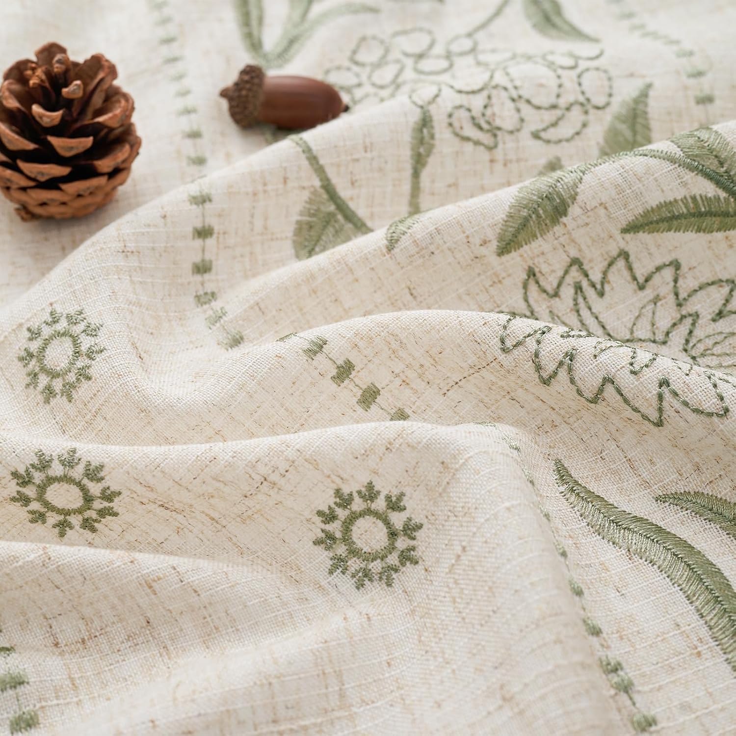 Lazzzy Linen Curtains for Living Room Bedroom 84 Inches Length Embroidered Floral Curtains Farmhouse Rod Pocket Drapes Light Filtering Window Treatments Green on Beige 2 Panels Set