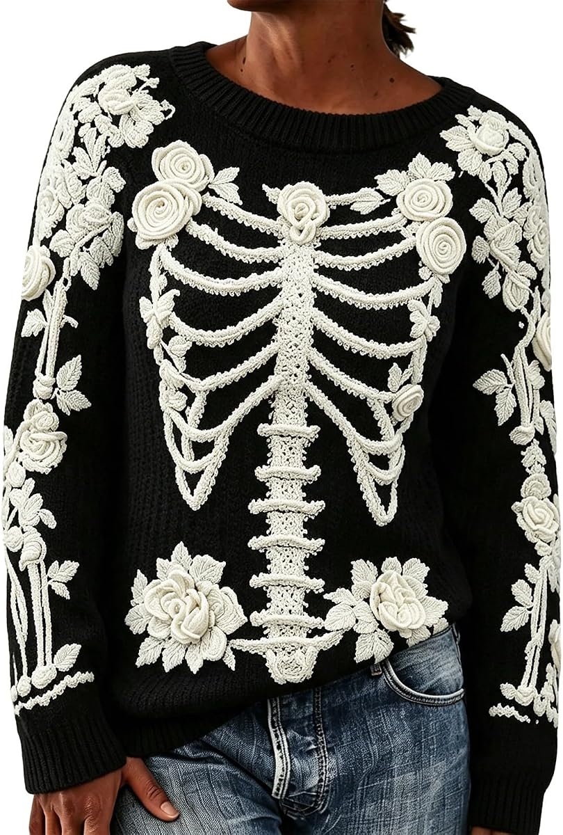 Suéteres de Halloween para mujer con cuello redondo y estampado floral de esqueleto