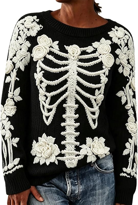 Suéteres de Halloween para mujer con cuello redondo y estampado floral de esqueleto