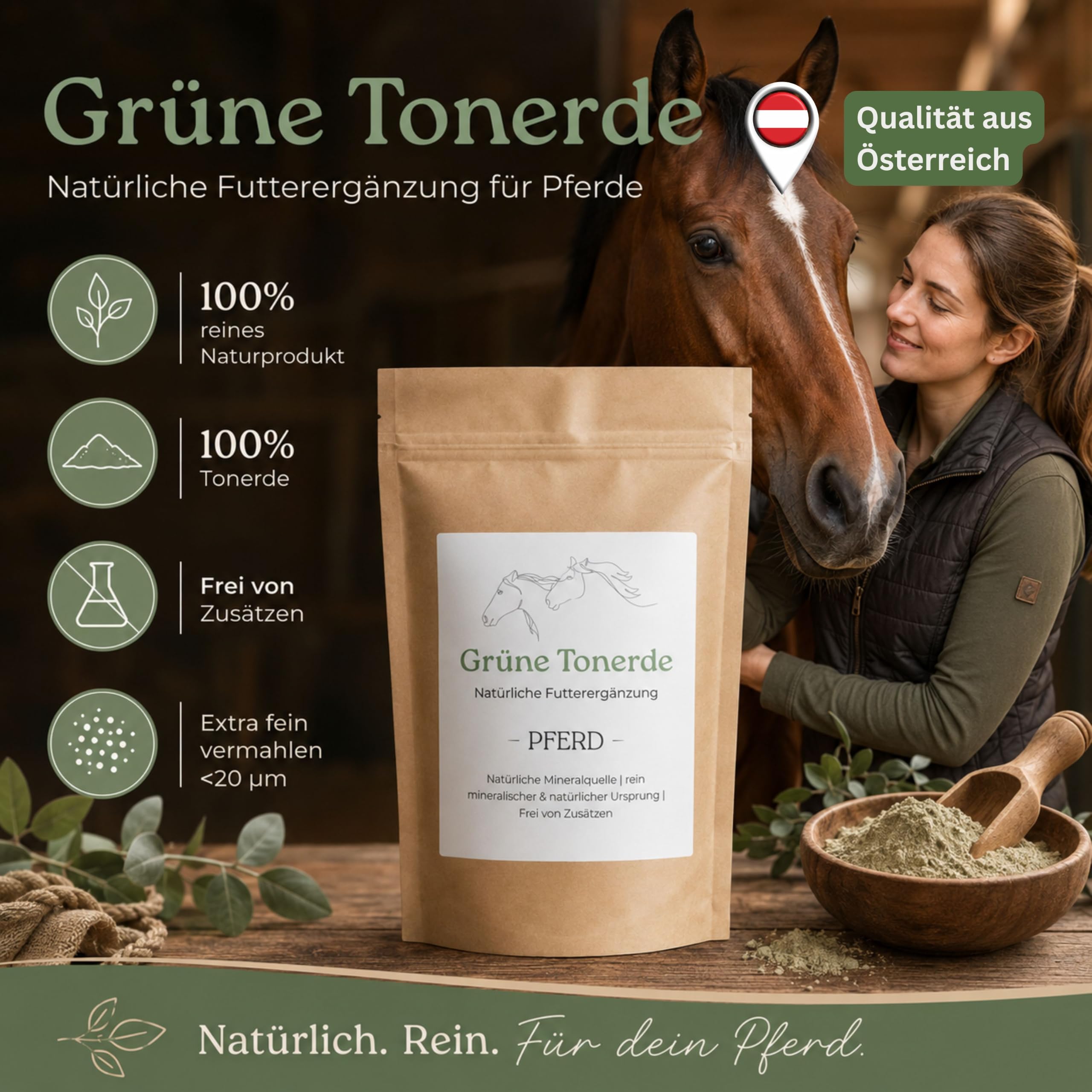 AGC Tonerde für Pferde 2 kg – natürliches Ergänzungsfuttermittel, 100% Illit-Montmorillonit-Kaolinit, extra fein <20 µm, ohne Zusätze, Mineralerde Pulver fürs tägliche Futter