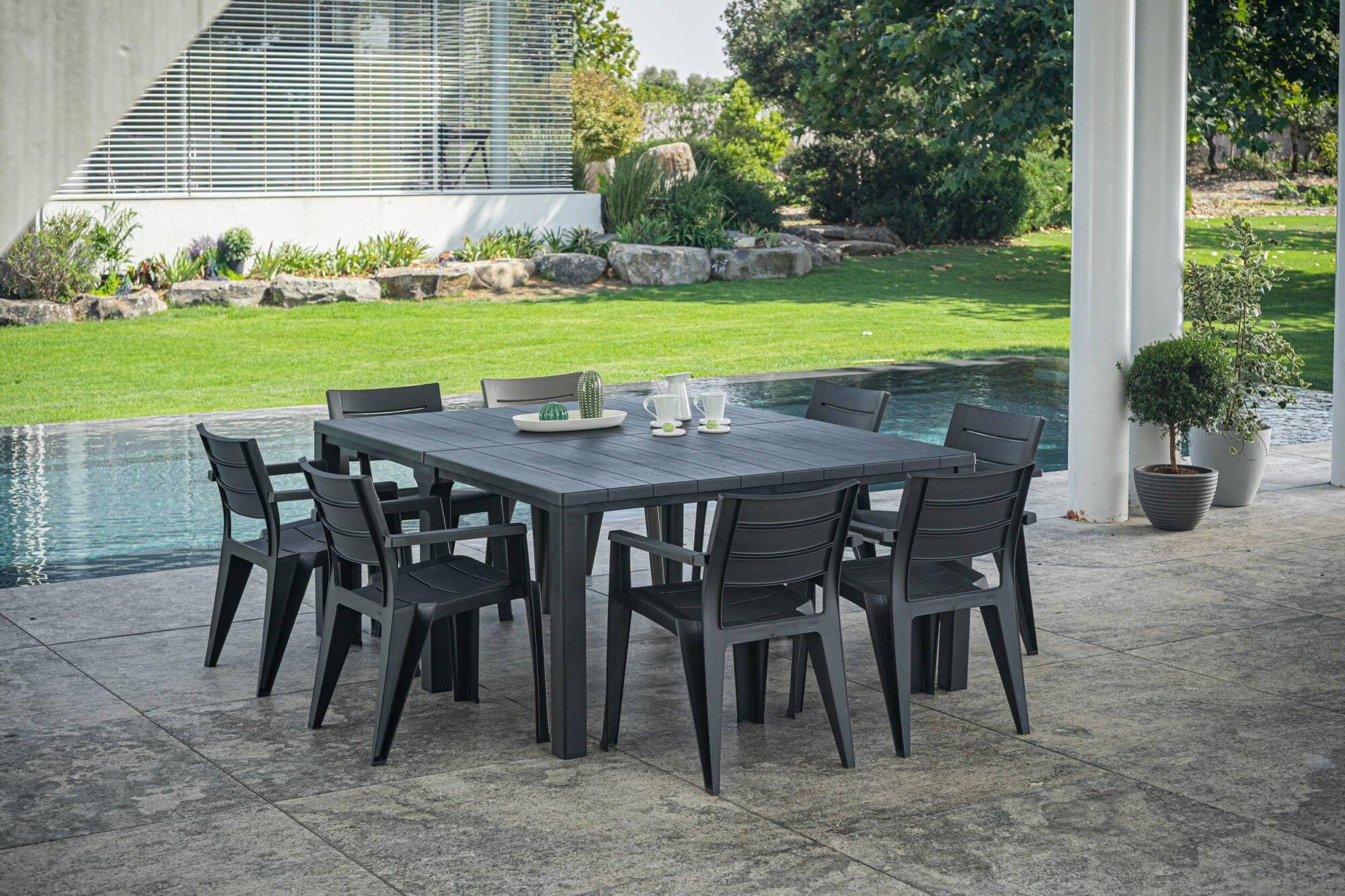 Dmora Tavolo da Esterno Antico 90x294x75h cm Nero Antracite 12 Posti Resistente ai Raggi uv, Meccanismo Estensione Multiposizione