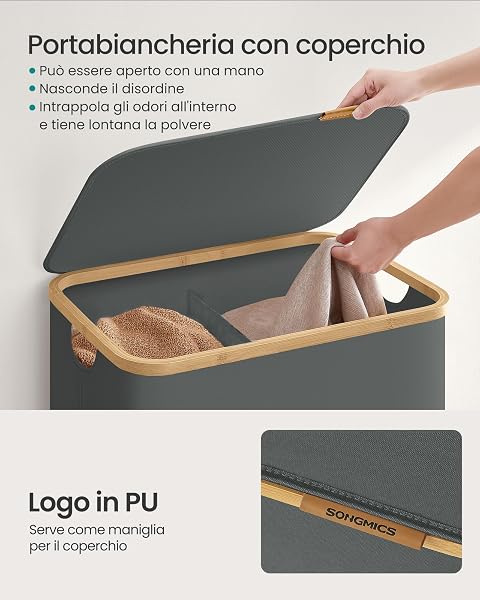 SONGMICS Cesto Portabiancheria con Coperchio, Porta Biancheria a 2 Scomparti Pieghevole, Tessuto Oxford, Telaio in Bambù, Lavanderia, 140 L, 52 x 38,5 x 70,5 cm, Grigio Ardesia LCB519GN01 - 3