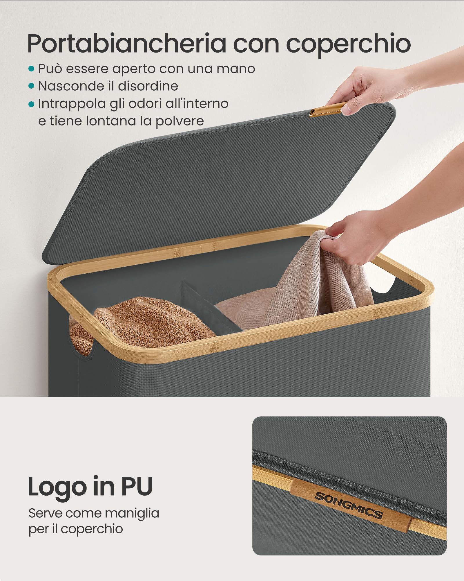 SONGMICS Cesto Portabiancheria con Coperchio, Porta Biancheria a 2 Scomparti Pieghevole, Tessuto Oxford, Telaio in Bambù, Lavanderia, 140 L, 52 x 38,5 x 70,5 cm, Grigio Ardesia LCB519GN01 - 4