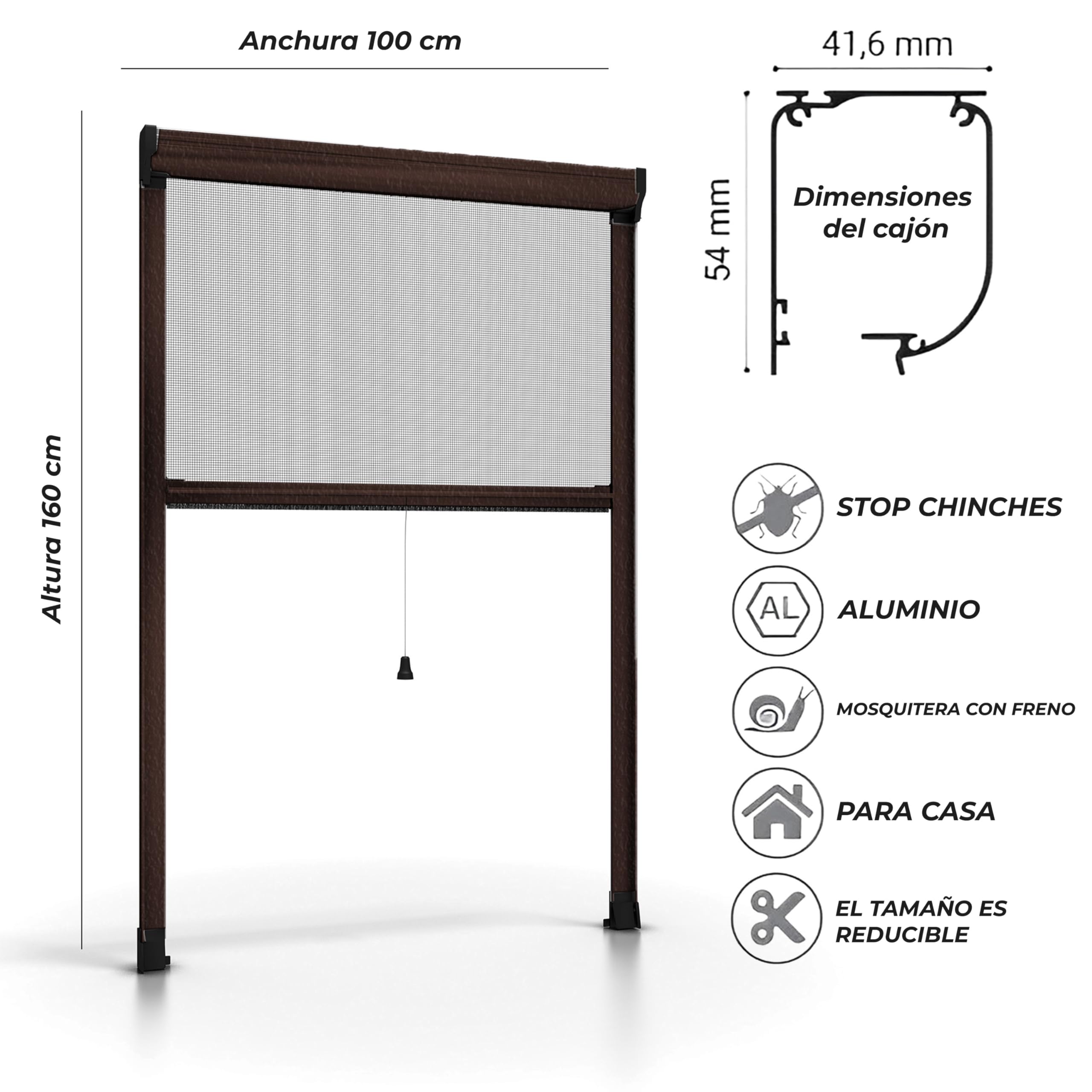 Zanzariera a Rullo per Finestra Tagliabile in Altezza e Larghezza - Telaio in Alluminio, Rete Anti-Insetti (Marrone, 100 x 160 cm)