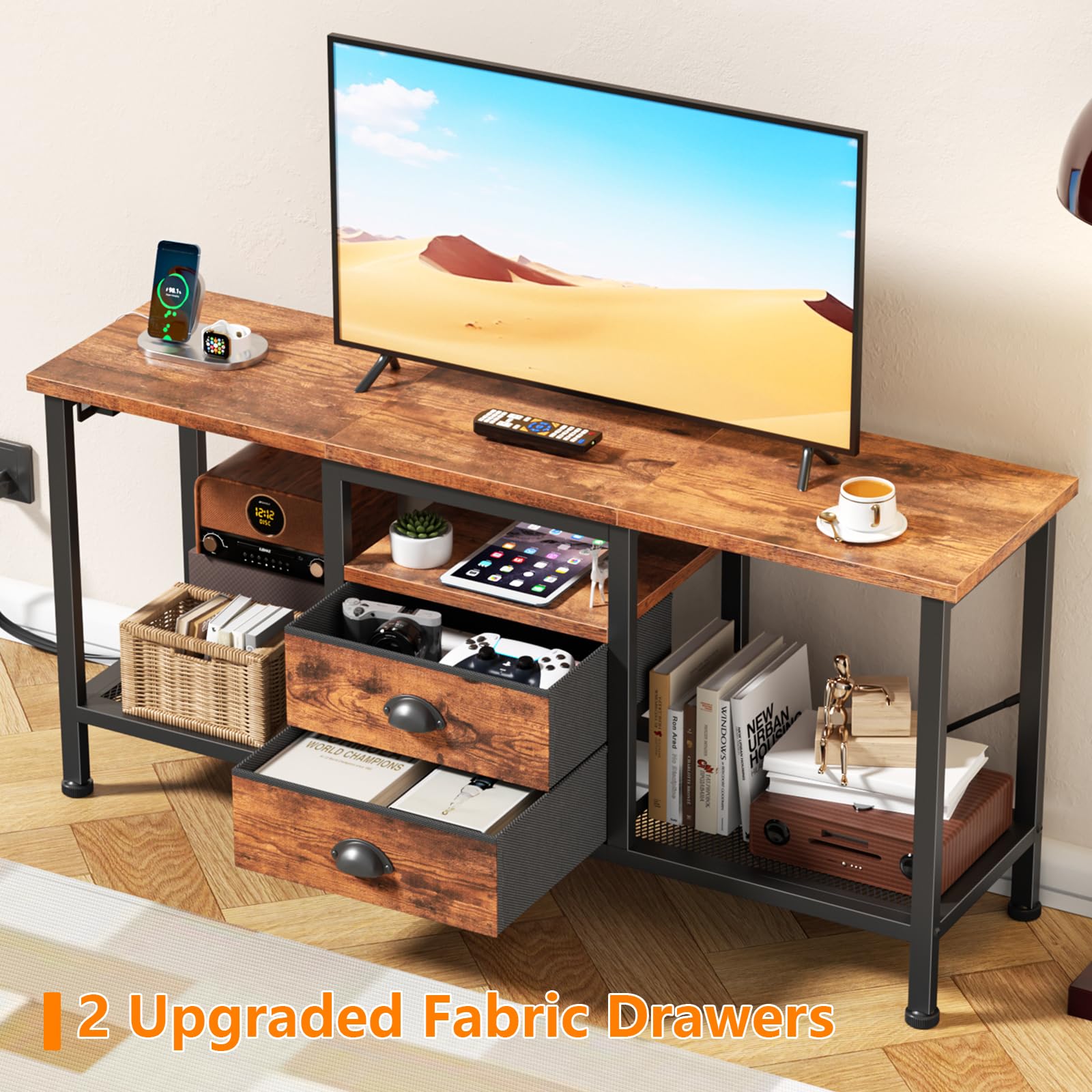 Furologee TV Stand With 2 Fabric Drawers - 43 Inch Media Console, Rustic Brown, Open Shelf Storage