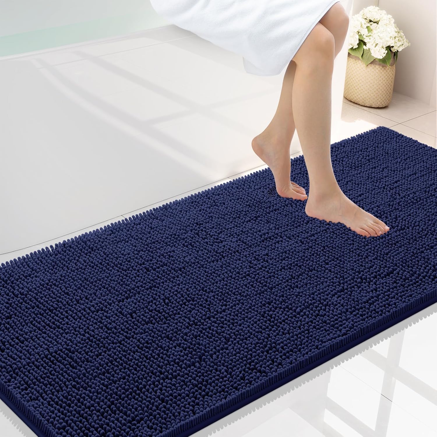Smiry Luxury Chenille Bathroom Rugs 59x24, Extra Soft and Absorbent Shaggy Bath Mat, Machine Washable, Non-Slip Plush Carpet Runner for Tub, Shower, and Floor, Home Decor Accessories, Navy Blue 59'' x 24'' Navy Blue
