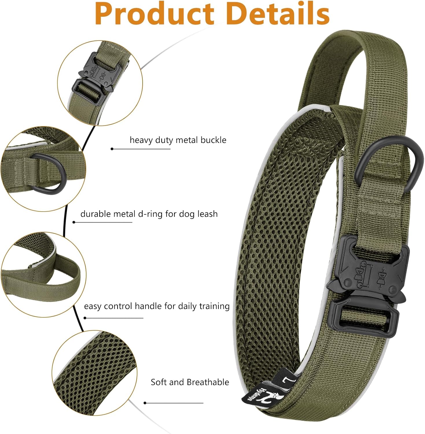 HYDEME Tactical Dog Collar and Leash Set, Alpine Loop Adjustable Reflective Military Training Nylon Dog Collars with Handle Shock Retractable Dog Leash for Small Medium Large Dogs.(XL,OliveGreen-Set)