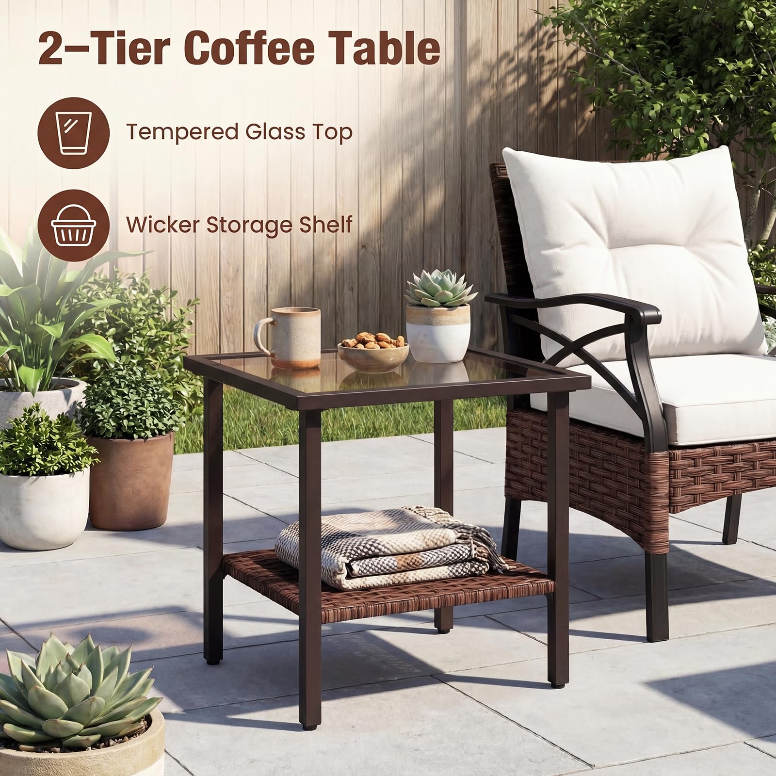 GIANTEX Conjunto Muebles Jardín Exterior de Ratán 5 Piezas, 2 Sillones, 2 Otomanas y Mesa de Vidrio, Cojines Extraíbles, para 2-4 Personas, Juego de Conversación para Patio Terraza (Marrón+Beige)