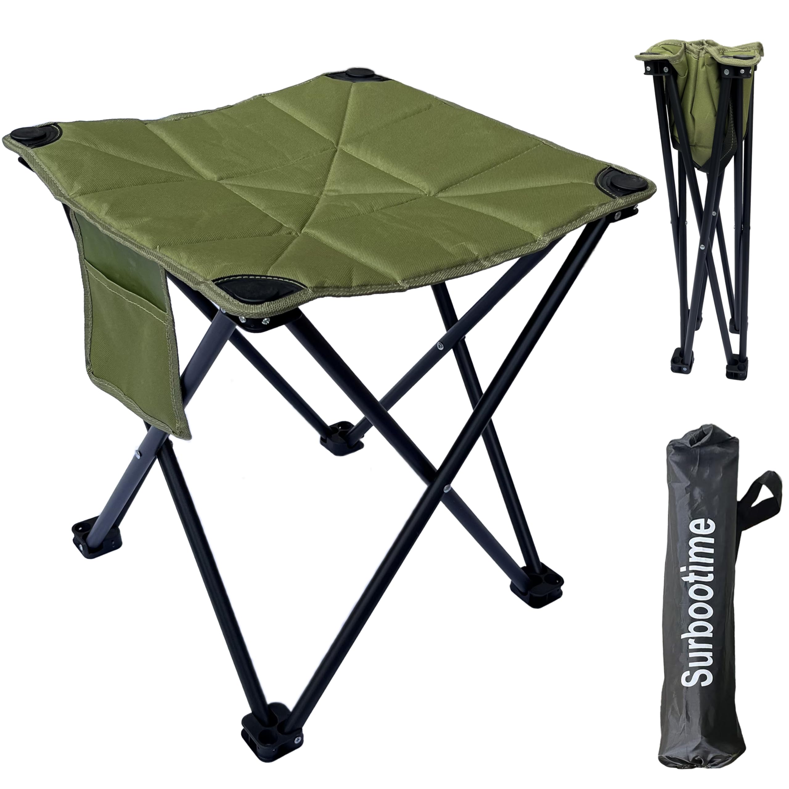Portable folding camping stool, cotton lining, 17*17*18 inches, soft outdoor seat with side pockets, extra-large footstool, suitable for fishing, picnics, beach barbecues, hiking(olive green）