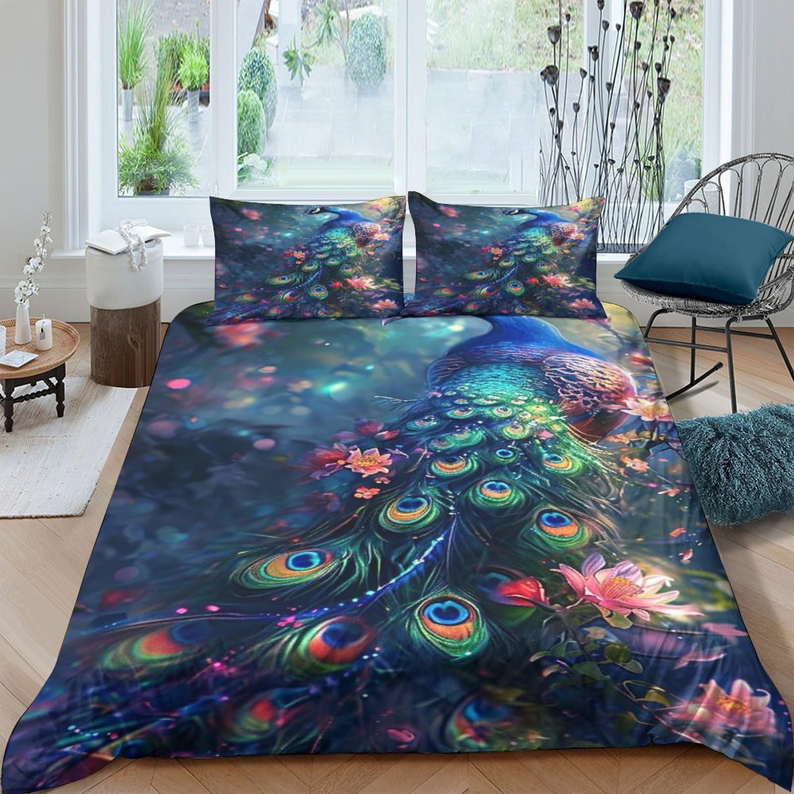 GPLZQXKJNH 3D Printed Peacock Feather Duvet Cover Microfiber Soft Breathable Lotus Bedding Set with 2 Pillowcases for Bedroom Decor Single（135x200cm）