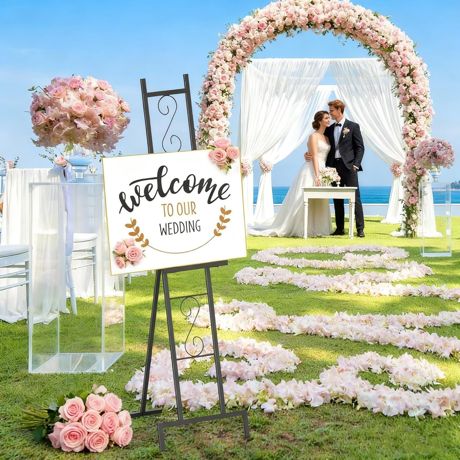 2er-Pack Schwarz Staffelei-Ständer für Schilder, 147cm höhe verstellbarer Willkommens-/Hochzeitsschilderständer für Ausstellung