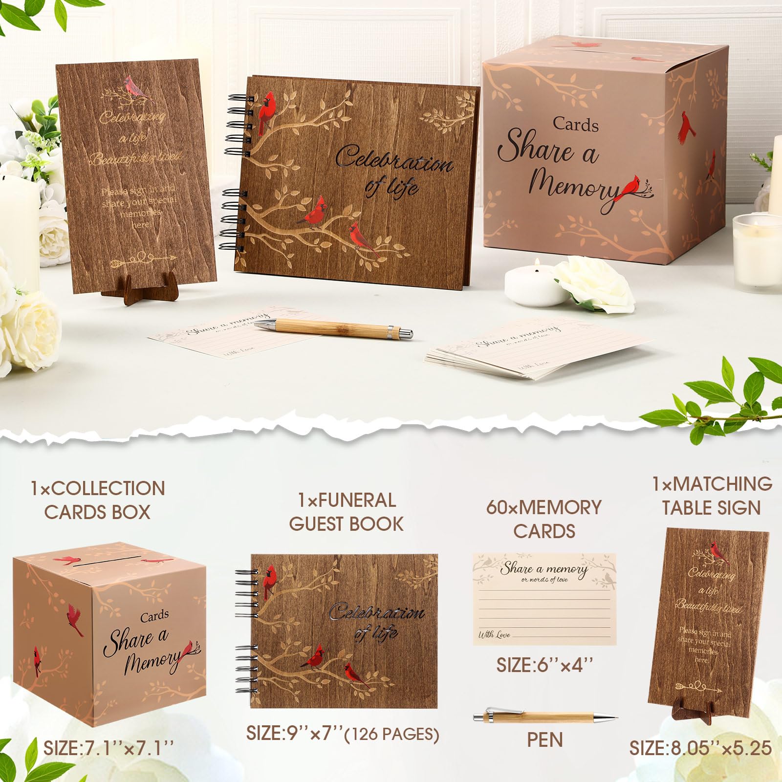 Engrowtic Juego de 64 libros de invitados funerarios de madera con diseño de cardenal para celebrar la vida por el servicio conmemorativo en memoria amorosa, 60 piezas de tarjetas de memoria, caja de