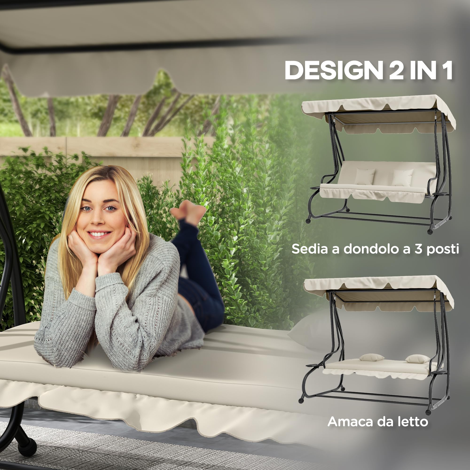 Outsunny Dondolo Letto da Giardino con Tettuccio Regolabile e Vassoi Portabicchieri, Dondolo da Giardino in Acciaio e Poliestere, 200x120x164 cm, Crema