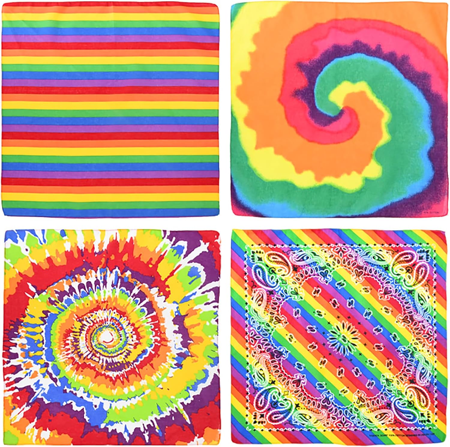 4 Pack Rainbow Tie-Dye Bandana Set - LGBTQ+ Pride Unisex Headband, Headwrap & Scarf for Men, Women, Girls - Perfect for Pride Festivals, Parades, Parties & Daily Wear - Hippie Style Cowboy Bandana