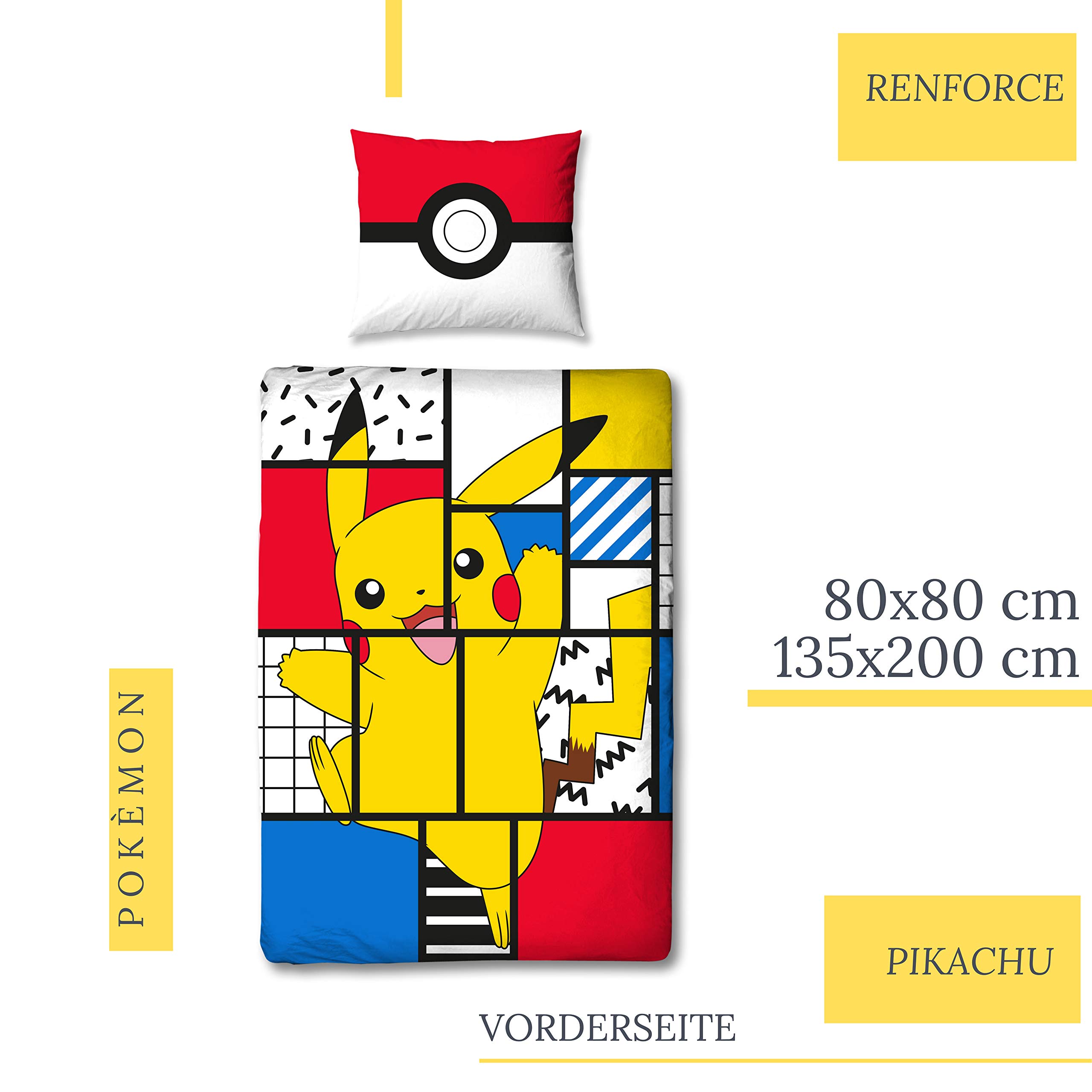 Halantex POKEMON PIKACHU - Set di biancheria da letto in cotone, copripiumino 140 x 200 cm e federa 70 x 90 cm - 100% cotone - Multicolore