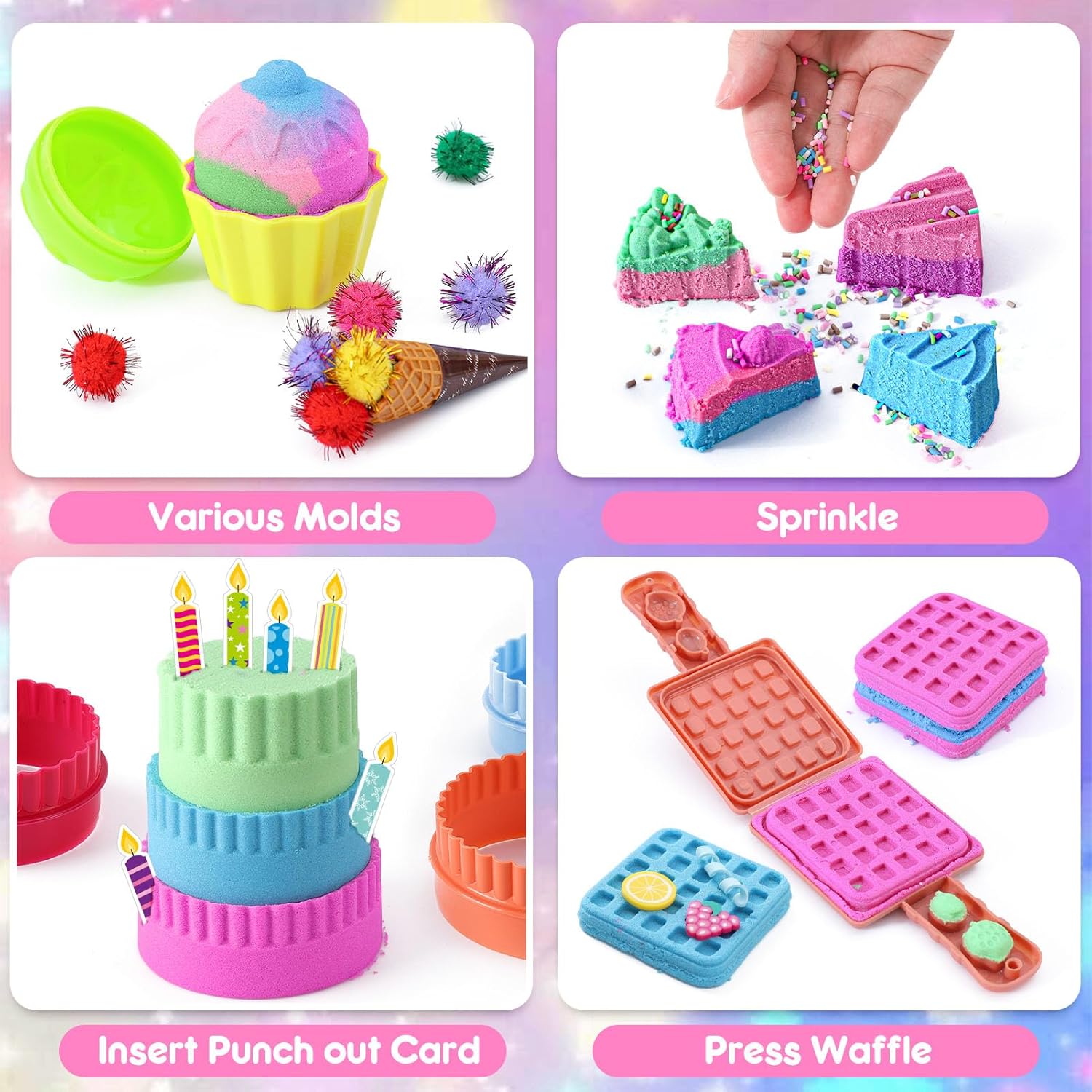 Golray Ice Cream Sensory Bin for Girls, Play Sand Art Kit with Sandbox, 2lb Magic Sand, Cake & Waffle Molds, Pretend Play Desserts Toys, Sensory Toy Set Gifts for Girl Toddlers Ages 3 4 5 6 7 8 - Image 4