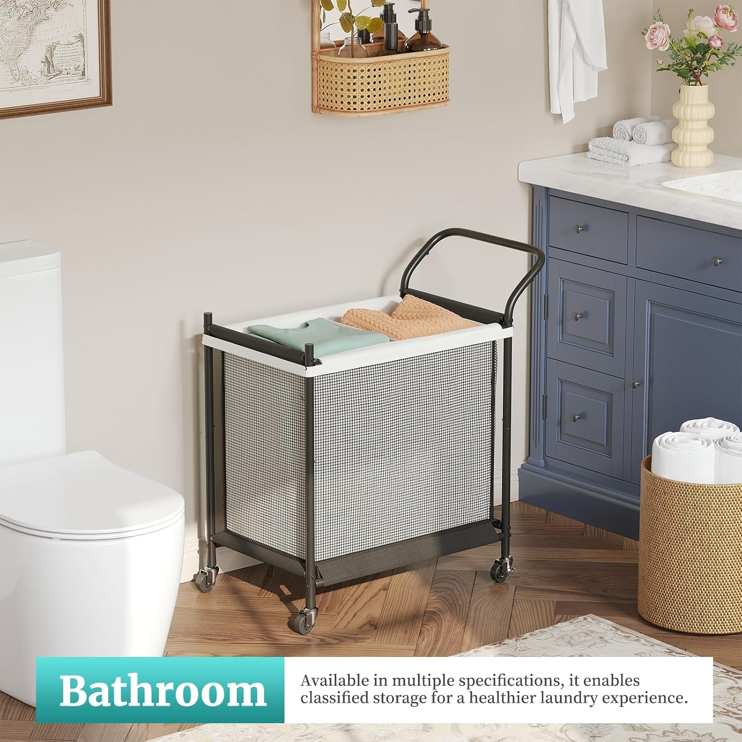 Laundry Hamper with Wheels - 2 Section Laundry Basket 120L, Removable Washable Bags, Height-Fitted Rolling Laundry Cart for Laundry Room & Bedroom