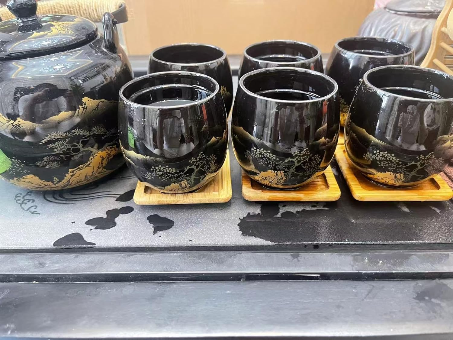 Gift Set Japanese Tea Set, Asian Black Glazed Ceramic Tea Set - Contains 1 Teapot, 1 Tea Strainer and 6 Teacups. Ideal for Home, Outdoor, Office (Black1)