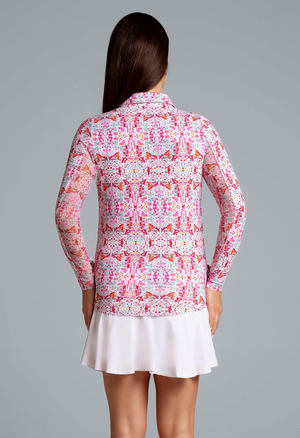 IBKUL Athleisure Wear Sun Protective UPF 50+ Icefil Cooling-Ridley Print Adjustable Length Long Sleeve Polo-48089