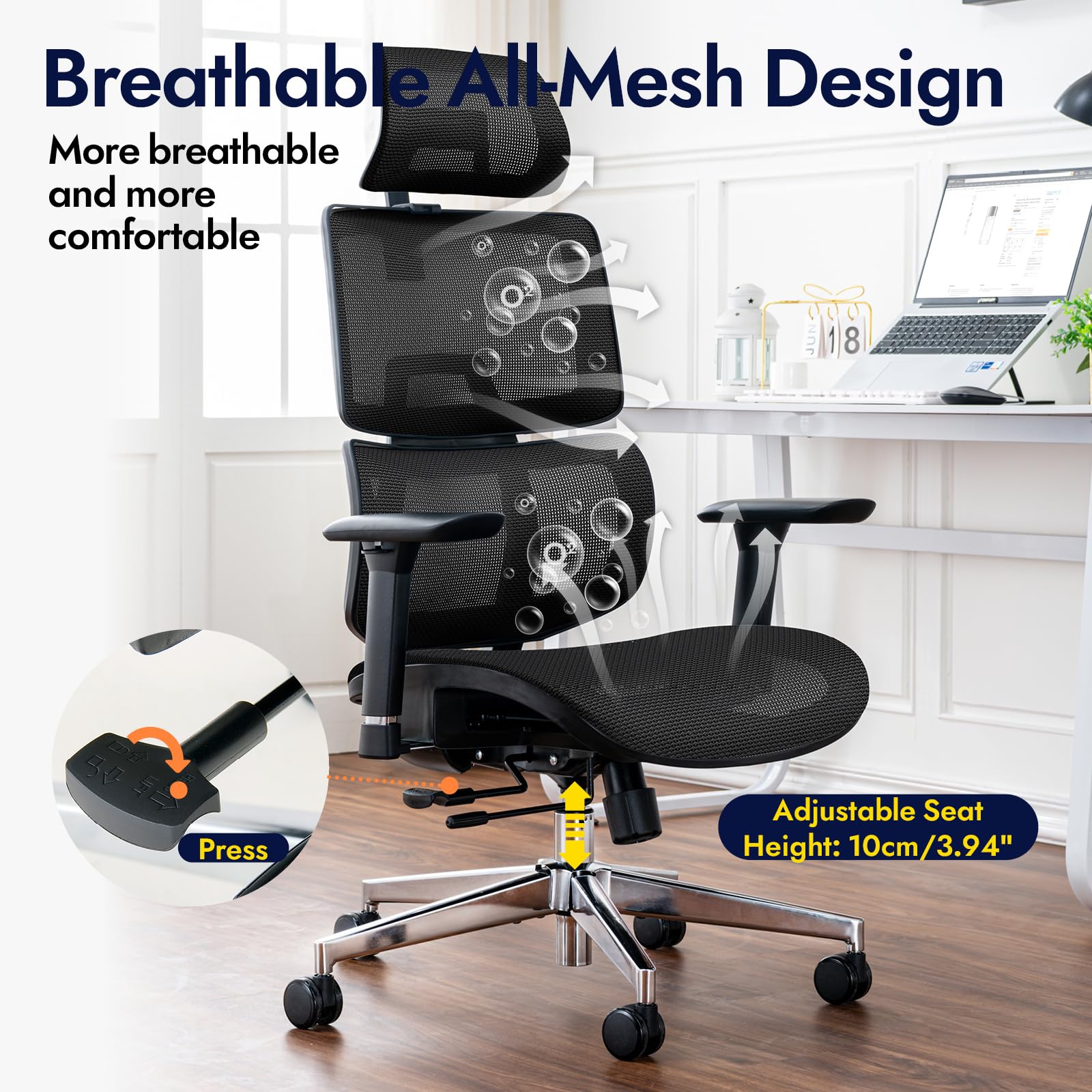 Chaise de Bureau, Fauteuil Ergonomique Professionnel - Dossier Mesh Respirant, Inclinaison 130°, accoudoirs 3D et Assise réglable - Pivotant, roulettes, 150 kg