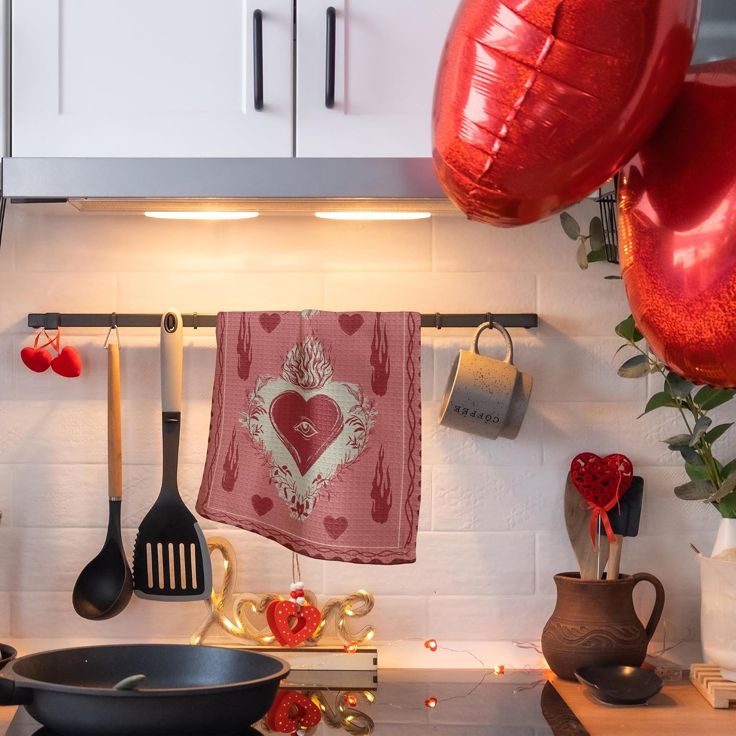 Maximalist Valentine's Day Red Kitchen Towels - Sun & Sacred Heart - 16 x 24 Inches Hand Dish Towels - Valentine's Day Decorative Absorbent Fast Drying Home Dishcloth-Romantic Gifts For Couples - B05 image 4