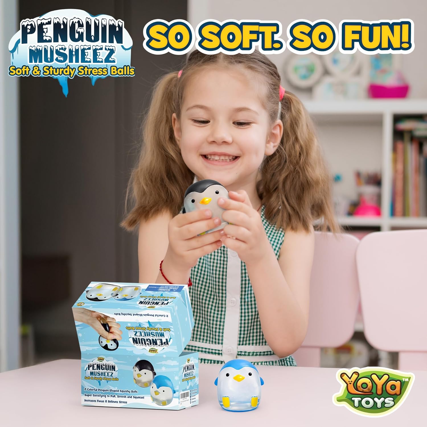 YoYa Toys Musheez Penguin Squishy Stress Balls 2-Pack - Sensory Fidget Toy - Fun to Squeeze and Stretch - Soft Penguin Squishies Stress Relief Ball for Kids - Cute for Boys and Girls