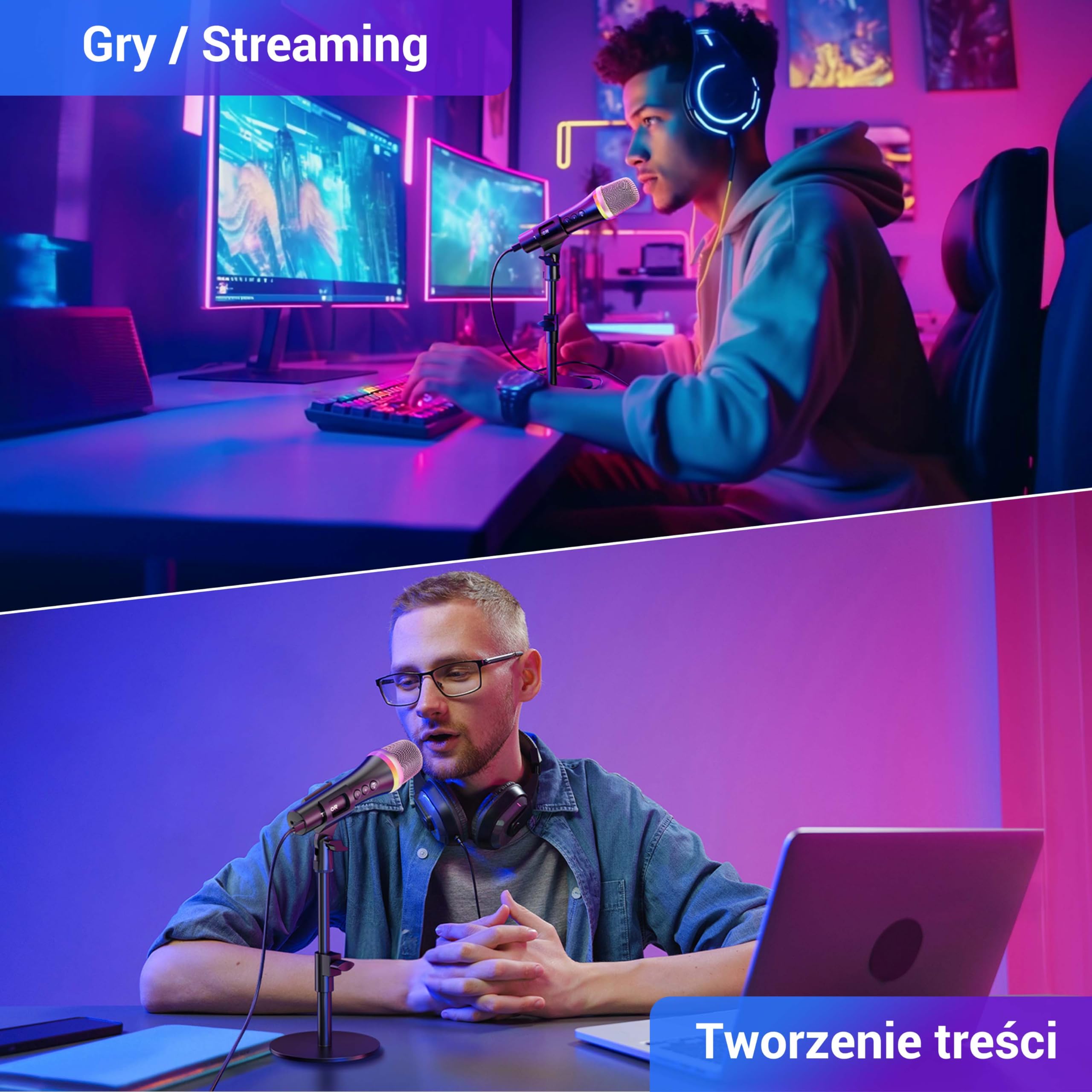 TONOR Mikrofon dynamiczny USB/typ C do komputera PC, mikrofon do gier komputerowych do podcastów RGB ze stojakiem biurkowym do nagrywania, Na żywo,YouTube, śpiewania, studia, karaoke czarny