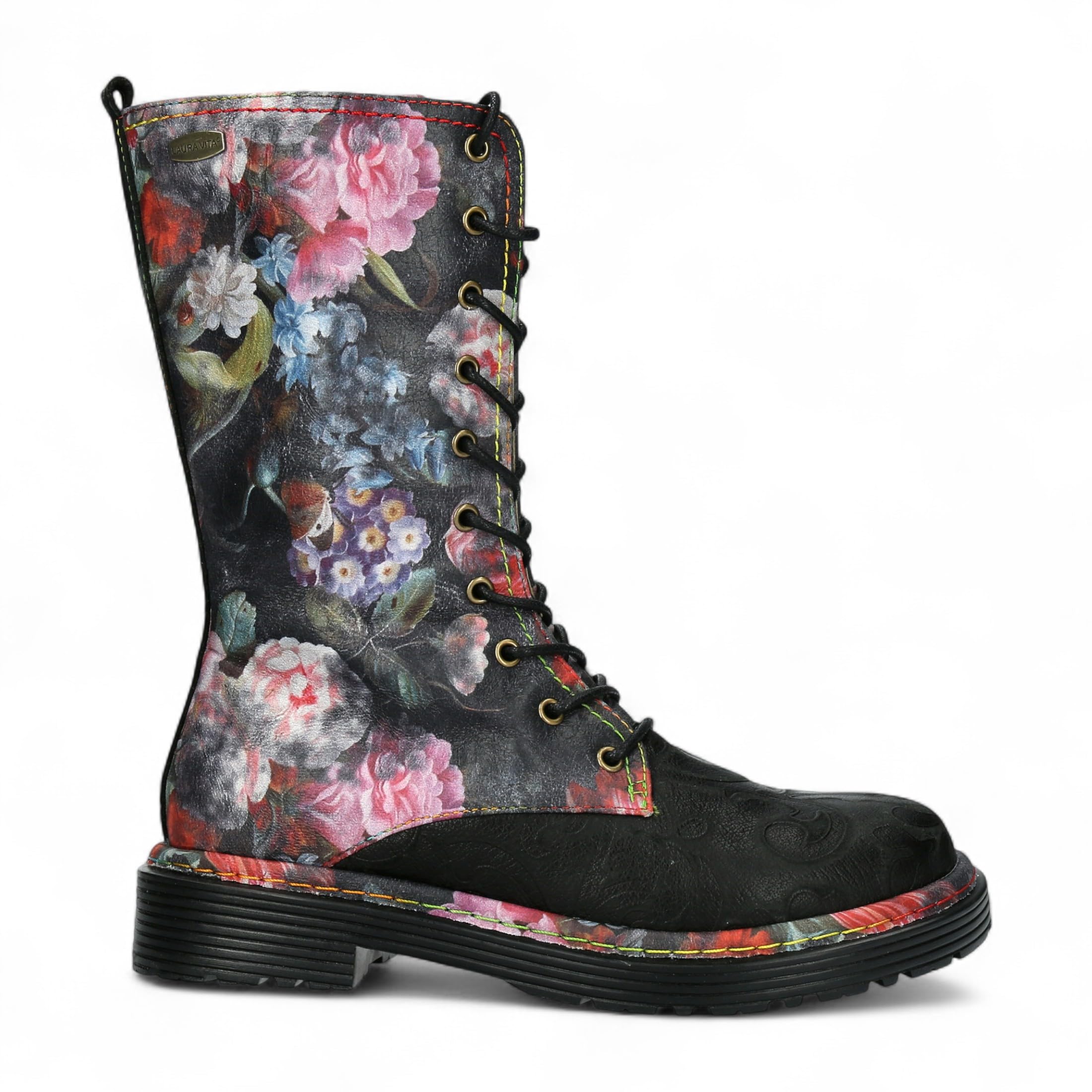 Laura Vita Womens Incaso-18 Gothic Victorian Floral Leather Mid-Calf Combat Boots Lace-Up Zip Closure
