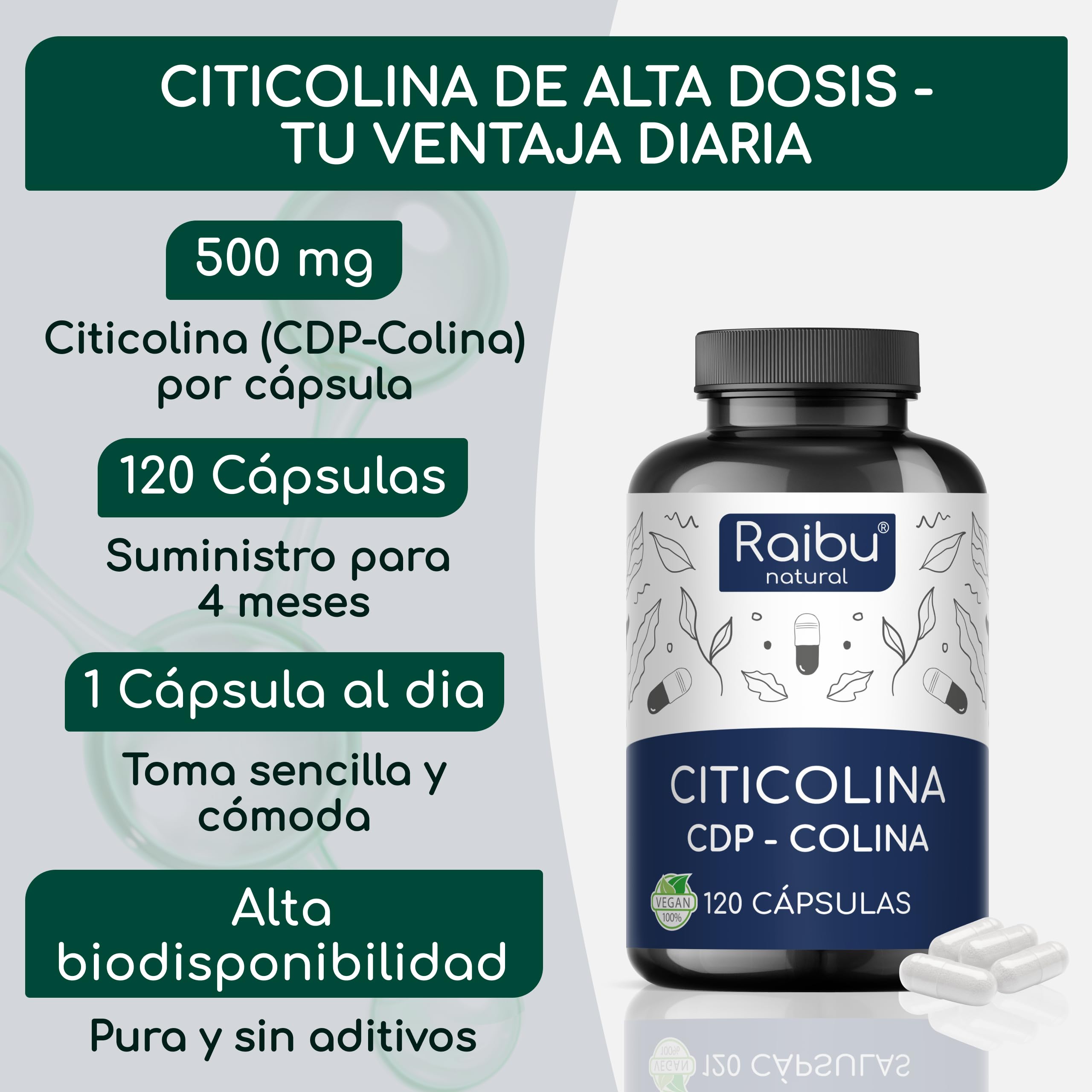 CDP-Colina (Citicolina) 500 mg Alta Dosis - 4 meses de suministro, 120 cápsulas - 1 cápsula al día, forma bioactiva - Suplemento de colina sin aditivos, vegano, testado en laboratorio