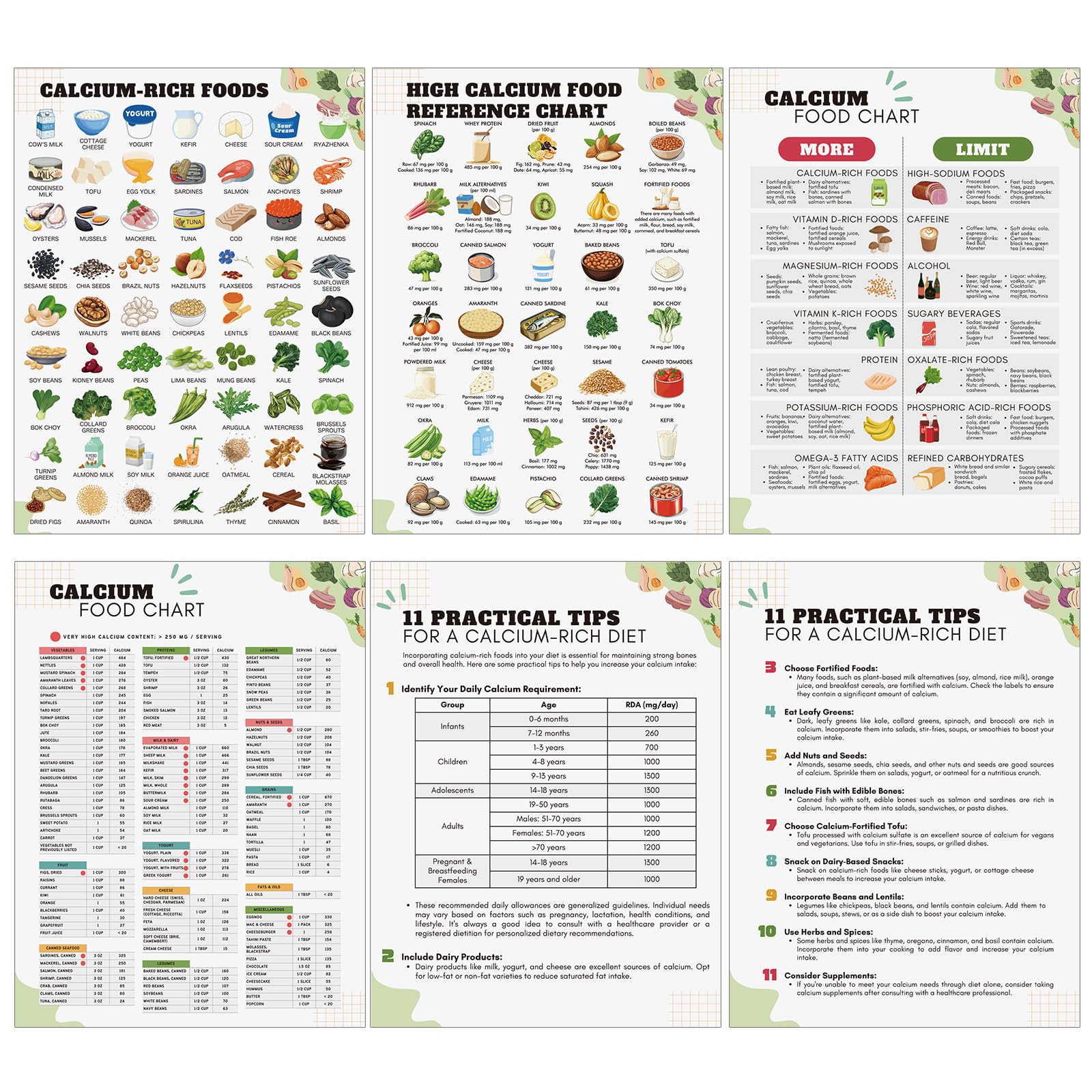 Honoson 6 Pcs High Calcium Foods List Poster High-Calcium Reference Chart Osteoporosis Food List Poster Bone Health Diet Nutrition Healthy Food for Osteoporosis Kitchen Fridge Wall Decor โ image 1